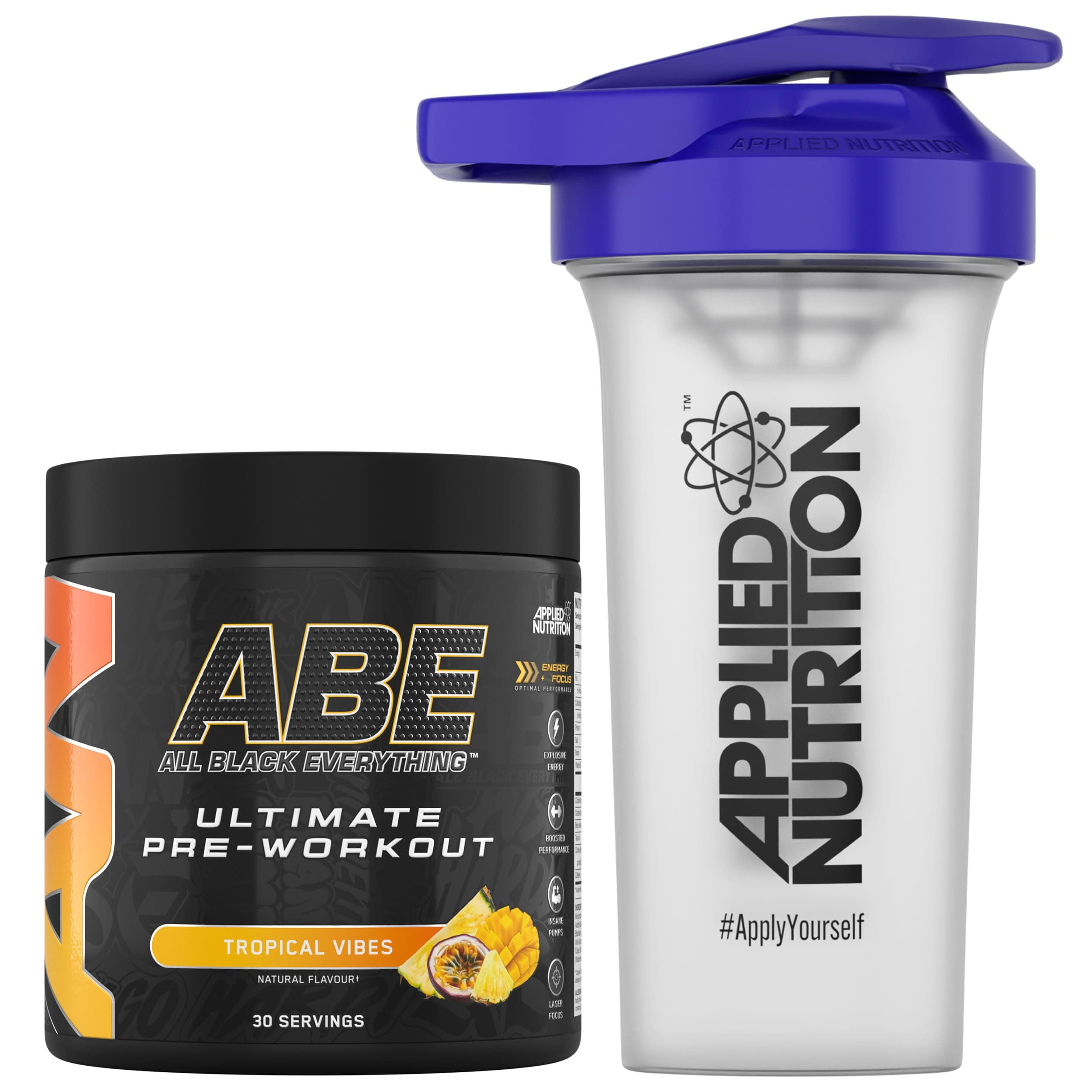 Applied Nutrition Bundle ABE Pre Workout 375g + 700ml Protein Shaker | All Black Everything Pre Workout Powder, Energy & Physical Performance with Creatine, Beta Alanine (Tropical)