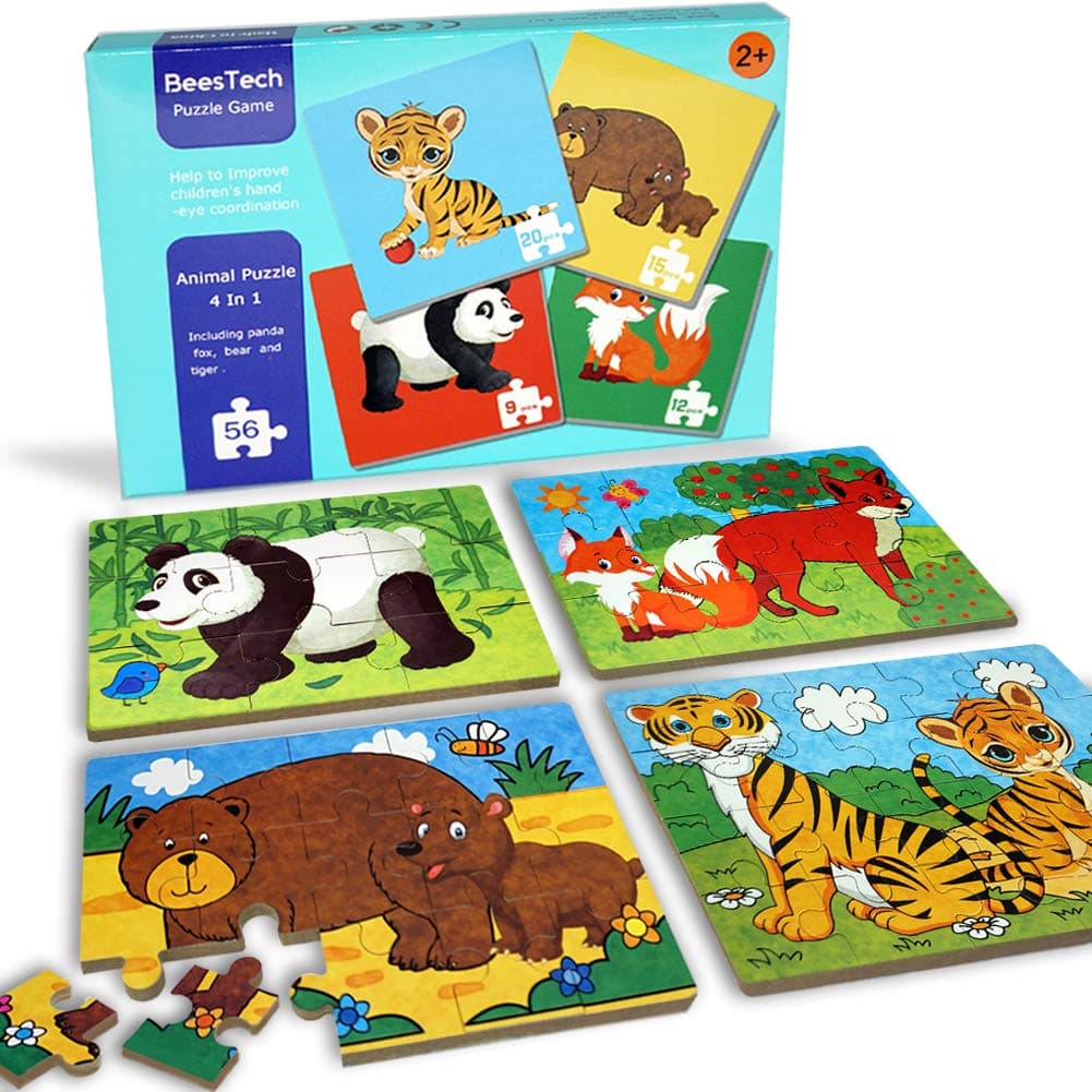 BEESTECH Elementary Jigsaw Puzzles for Toddlers 2、3、4 Years Old, Toddler Animal Puzzles 4 Pack with Panda, Bear, Fox, Tiger, Early Educational Learning Puzzles for Kids, Boys and Girls