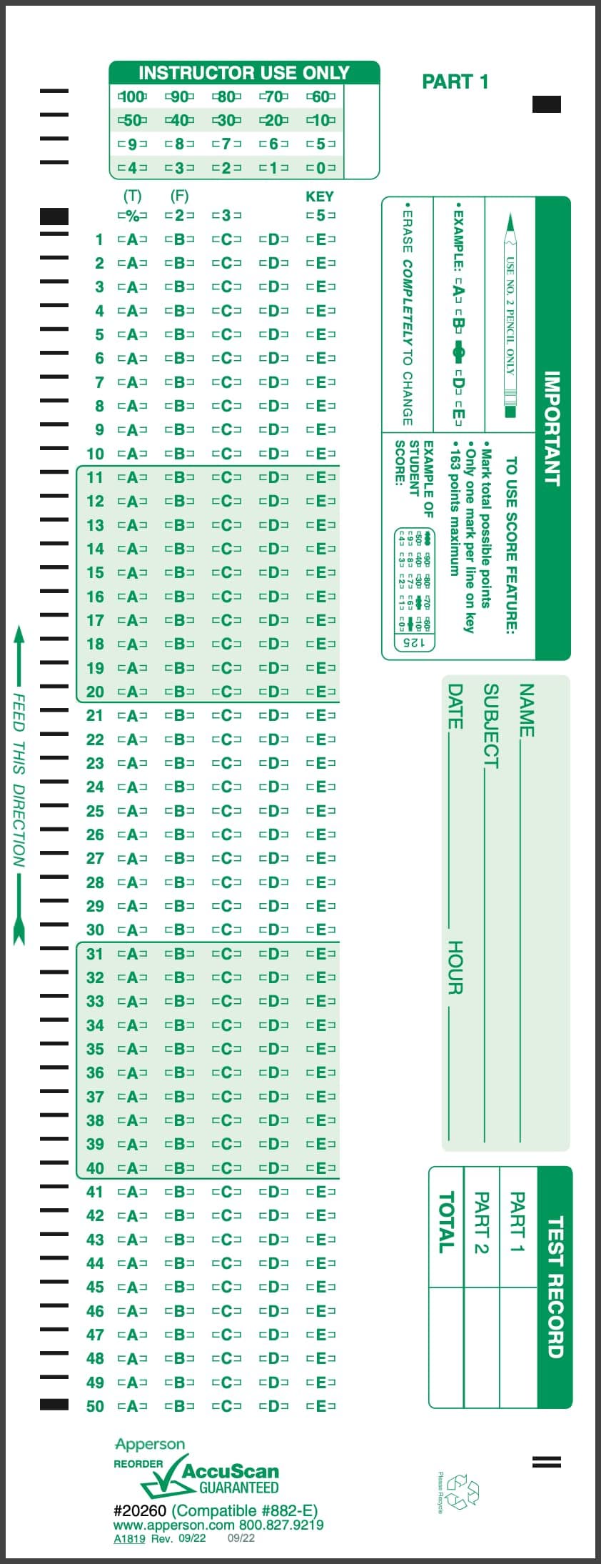 20260 882-E Compatible Answer Sheet 500-pack