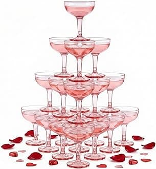 Zopeal 30 Pcs Champagne Coupe Glasses 5 oz Plastic Champagne Tower Disposable Martini Glasses Stackable Stemmed Margarita Coupe for Wedding Birthday Valentine's Day Party Bar(Pink,Transparent)