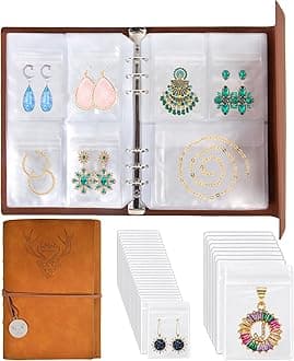 ChezMax Jewelry Organizer Book, Travel Earring Storage Case with Pockets, PU Leather Portable Jewelry Holder with Clear Bags for Necklace, Rings, Bracelets, Stud (76 Grids+76 Anti-Oxidation PVC Bags)