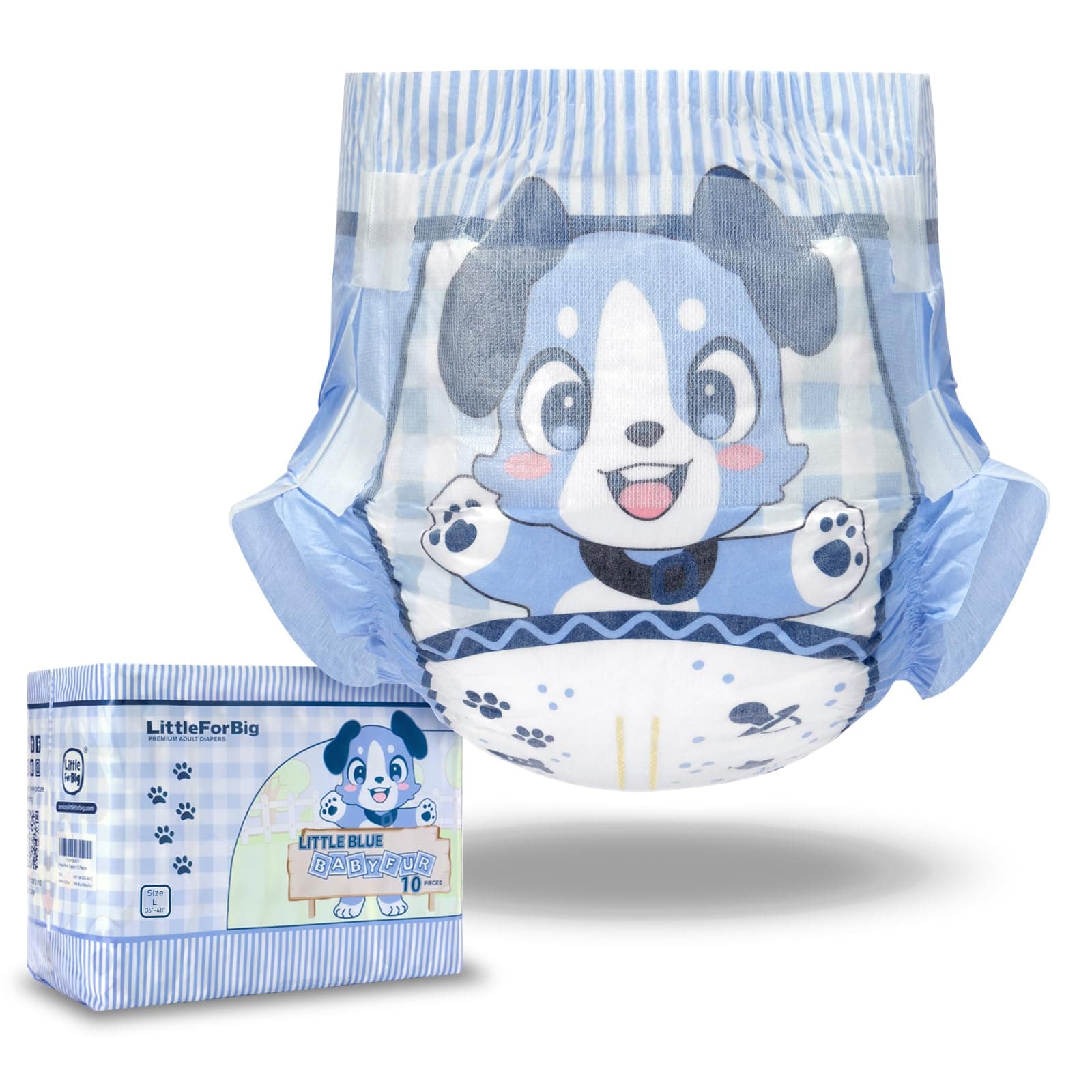 LittleForBig 5500-5800 ml Adjustable Hook-and-Loop Fastener Closure Adult Printed Cloth Back Diaper 10 Pieces - Little Blue BabyFur (L)