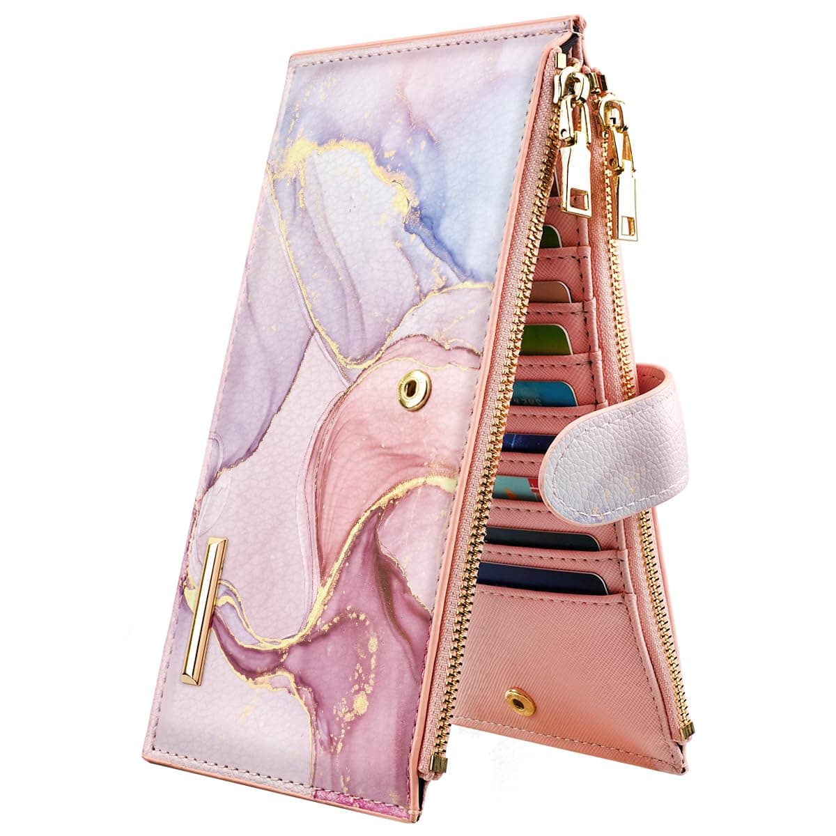 Womens RFID Blocking Leather Multi Card Organizer Bifold Wallet with Zipper Pocket,Watercolor Pink