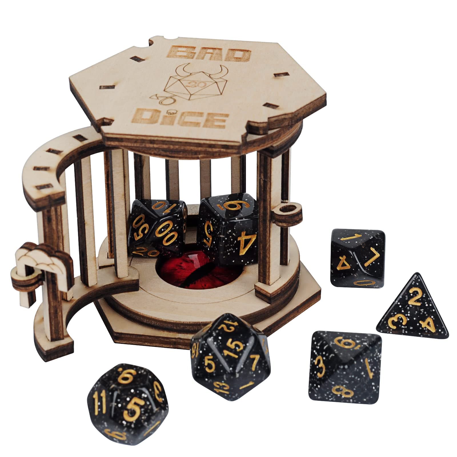 DND Dice Jail Prison with Polyhedral Dice Set Wood Cage for Your Bad Dice (Dice Jail A)