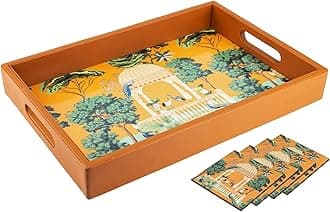 Wooden Tray For Serving-Free 4 Coasters-10 Inch X 15 Inch-Serving Tray-Tray Set For Decoration-Tea Trays-Big Coffee Tray-Premium Mdf Trey-Wooden Serving Trays-Resin Tray,Rectangular