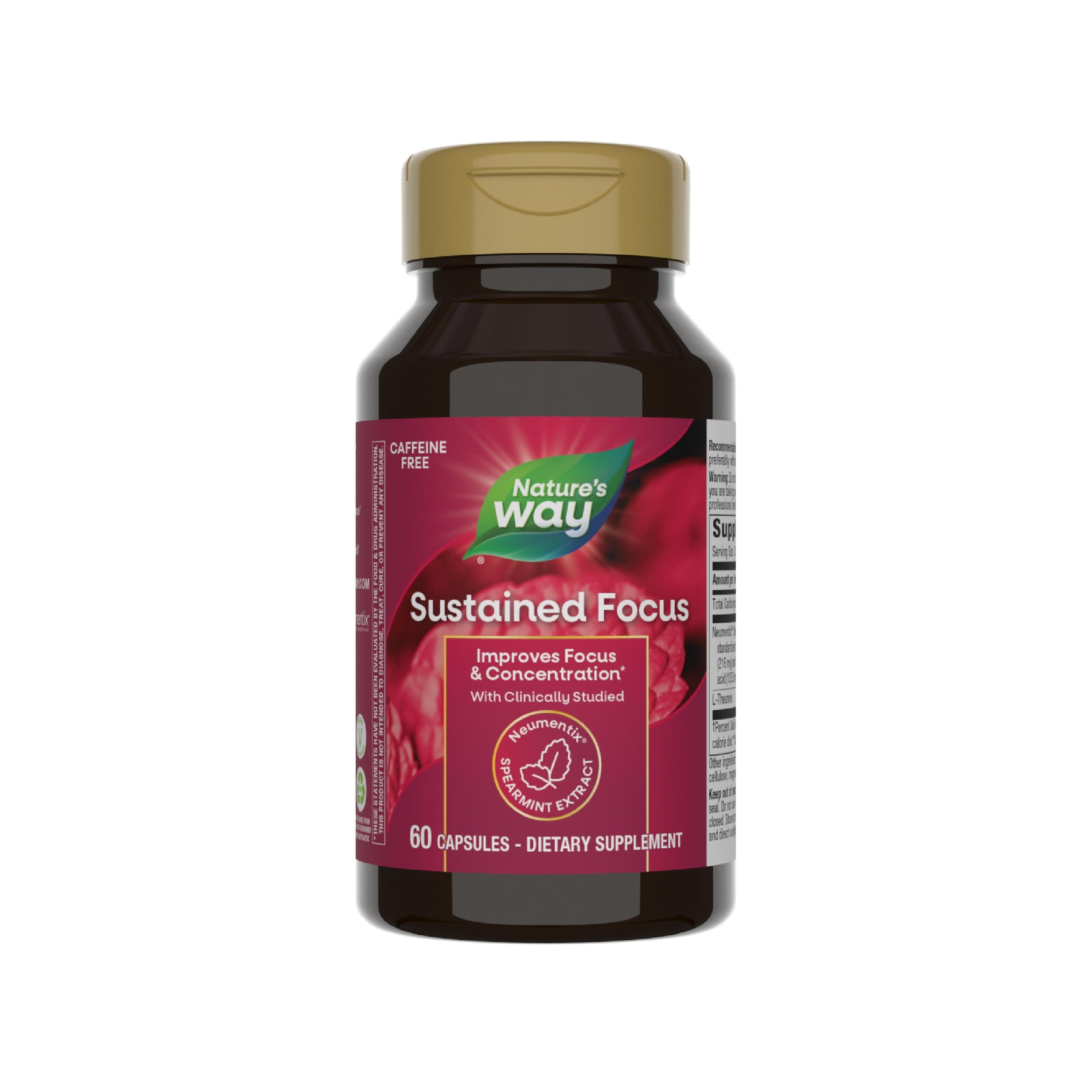 Nature’s Way Sustained Focus, Improved Focus & Concentration*, with Clinically Studied Neumentix Spearmint Extract, L-Theanine, 60 Capsules (Packaging May Vary)