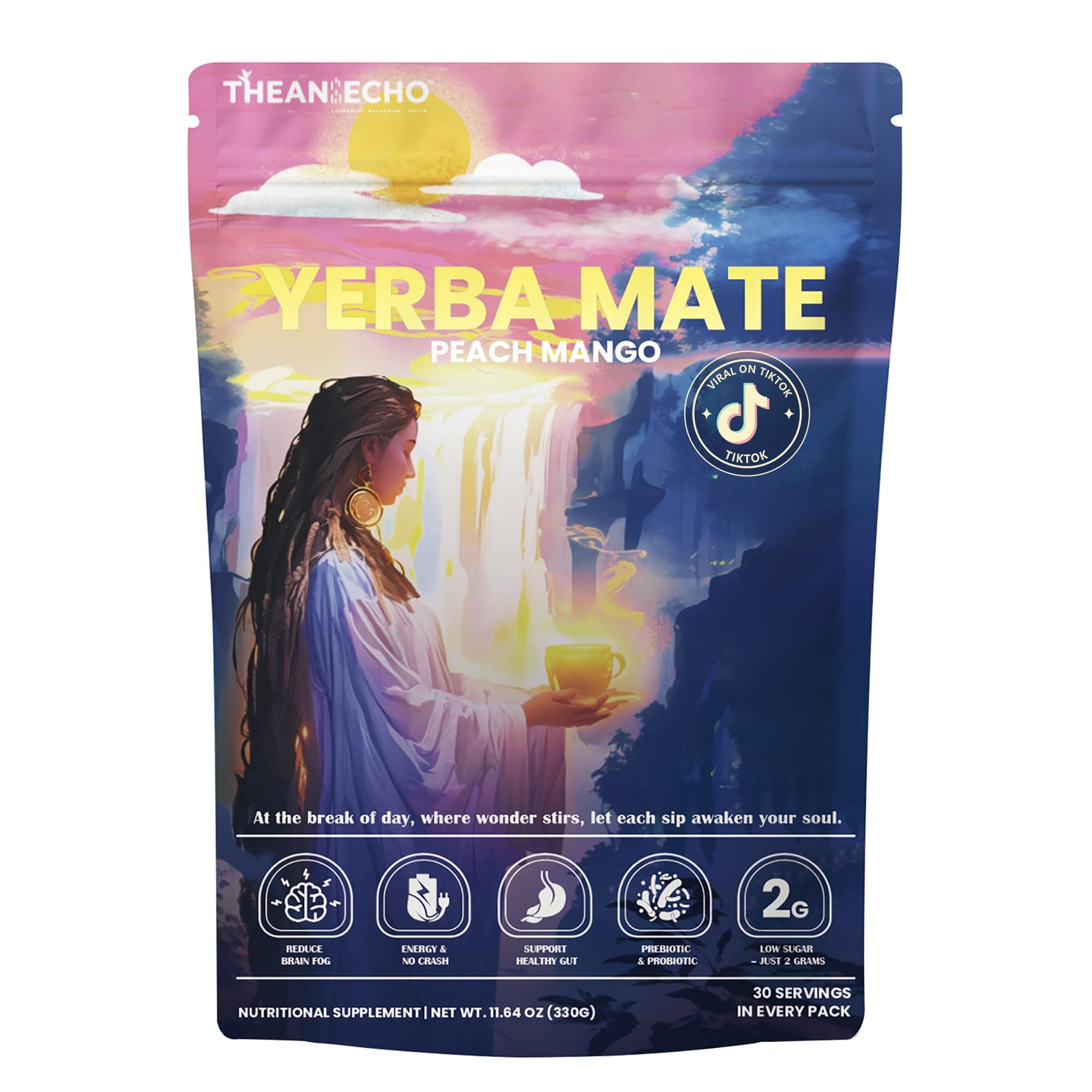 Yerba Mate Peach Mango Tea - Super Calm, Low Sugar, Clean Energy - No Crash, Stay Refreshed & Focused - Ideal for Health Enthusiasts - 30 Servings