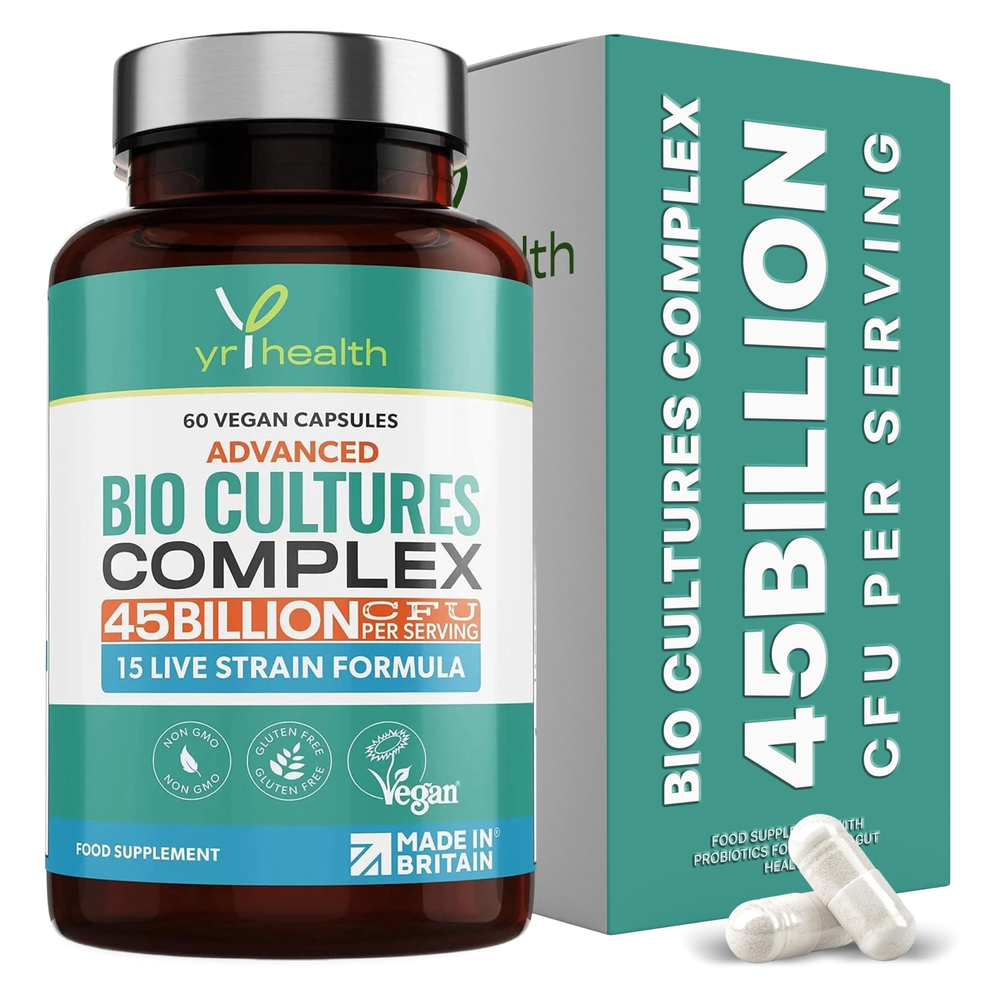 Vegan Bio Cultures Complex - 45 Billion CFU, 15 Active Bacteria Strains - Maximum Strength Multi Strain Complex - Probiotics Women Gut and Men, 60 Capsules - Made in The UK