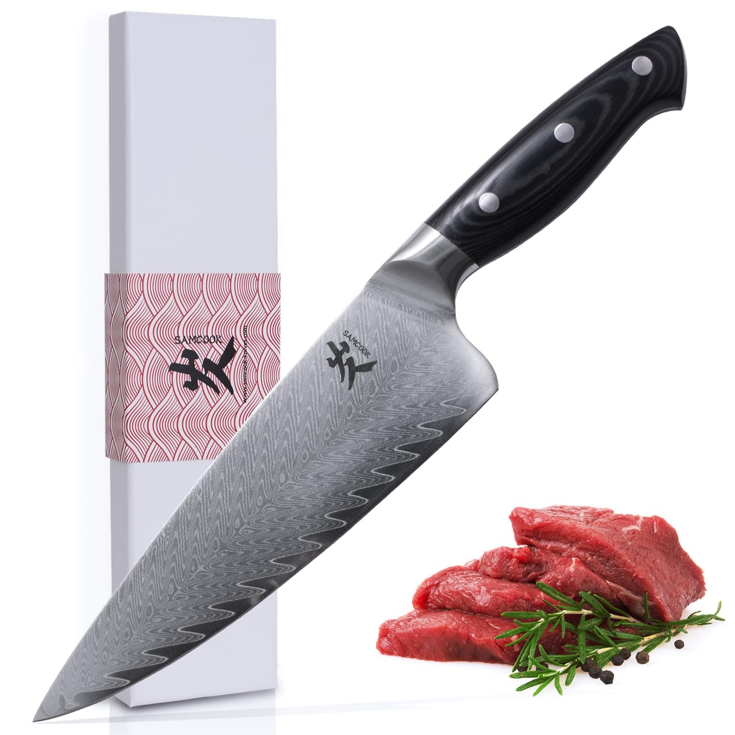 SAMCOOK Damascus Chef Knife - 8 Inch Professional Sharp Kitchen Knife - Japanese VG-10 High Carbon Stainless Steel Gyuto Cooking knife - Ergonomic Micarta Wood Handle with Gift Box