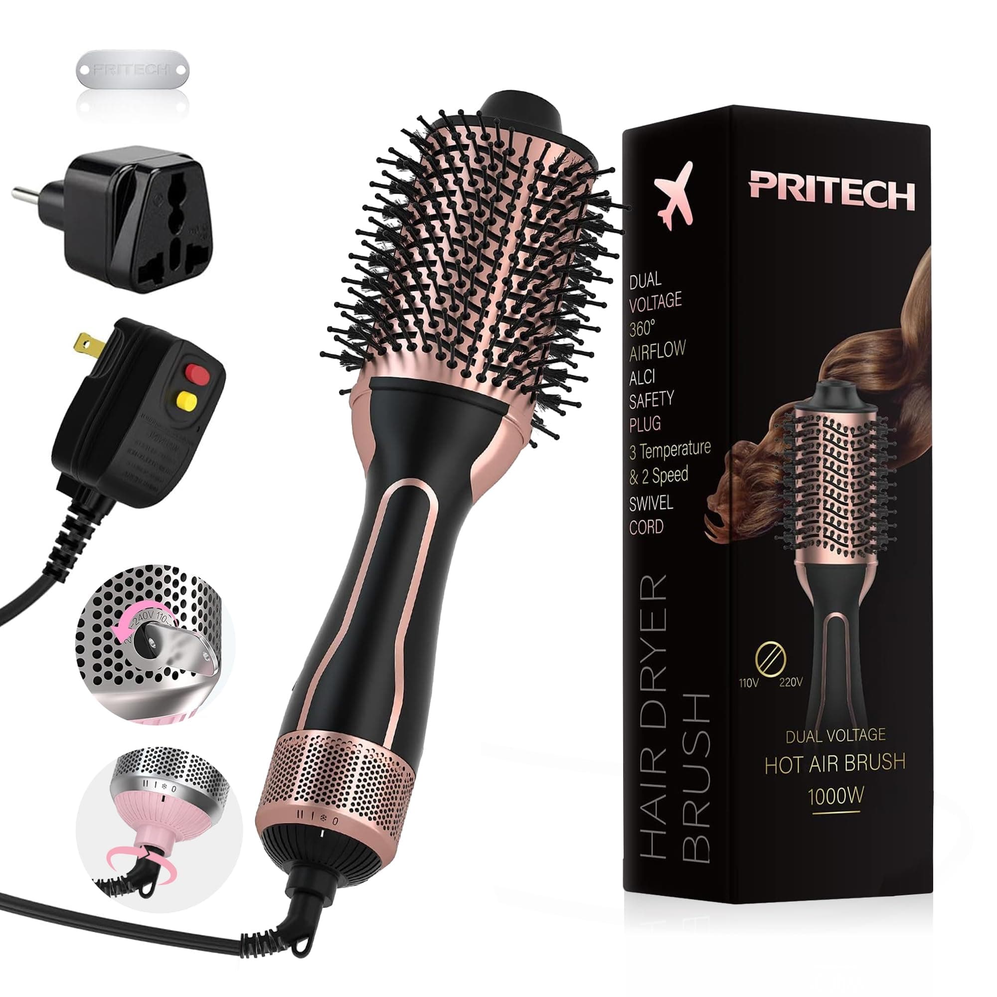 PRITECH 1000W Dual Voltage Ceramic Ionic Hair Dryer Brush,4-in-1 Hot Air Styler & One Step Volumizer for Straight & Curly Hair Salon (110-120V/220-240V),Black Gold