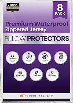 Utopia Bedding 8 Pack Waterproof Pillow Protectors with Zipper Standard Size (White), Bed Bug and Dust Mite Proof Pillow case Covers, Moisture Wicking Pillow Encasements 20 x 26 Inches