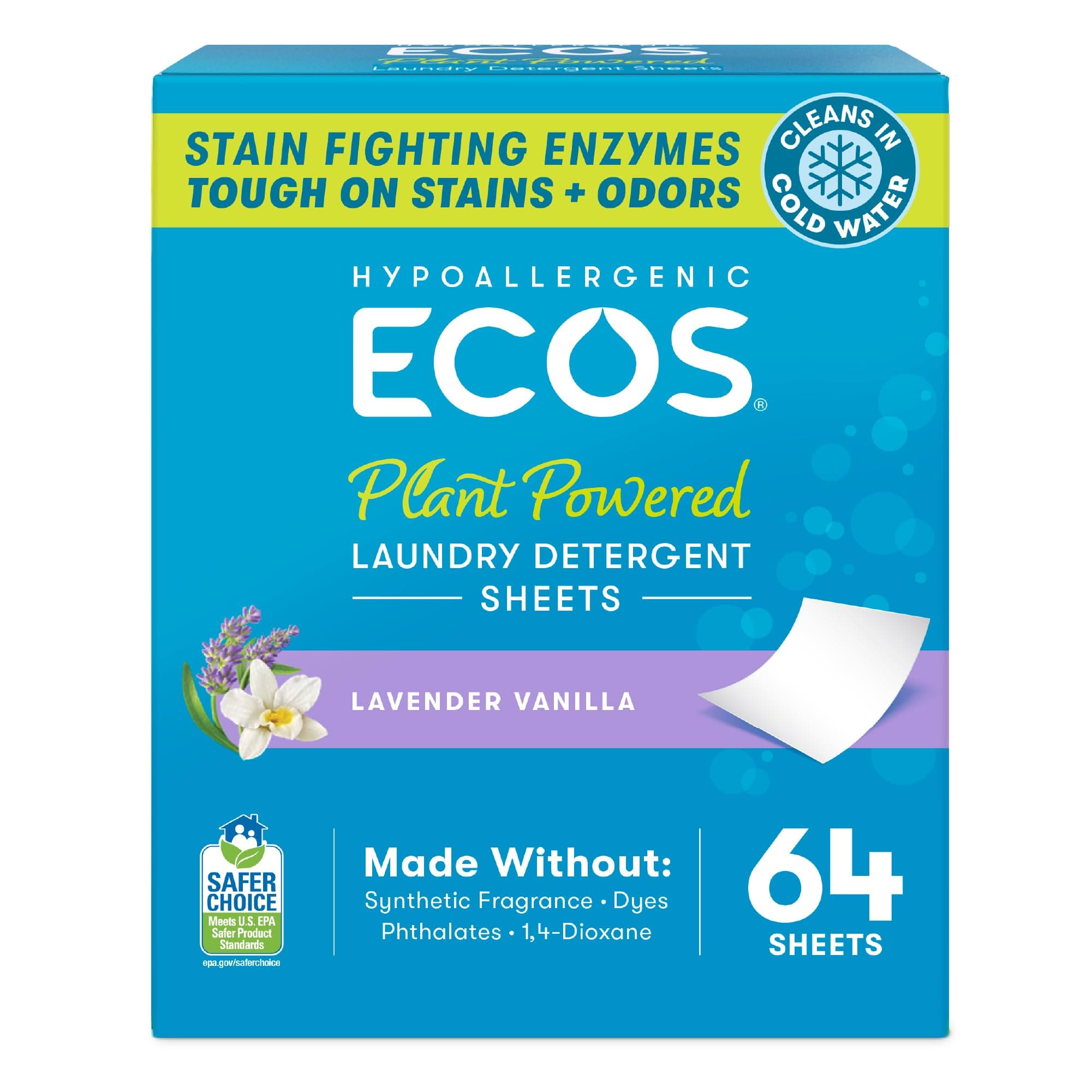 ECOS Laundry Detergent Sheets Vegan, No Plastic Jug, No Mess & Liquid Free - Laundry Sheets in Washer - Hypoallergenic, Plant Powered Laundry Detergent Sheets - Lavender Vanilla - 64 Sheets(Pack of 1)
