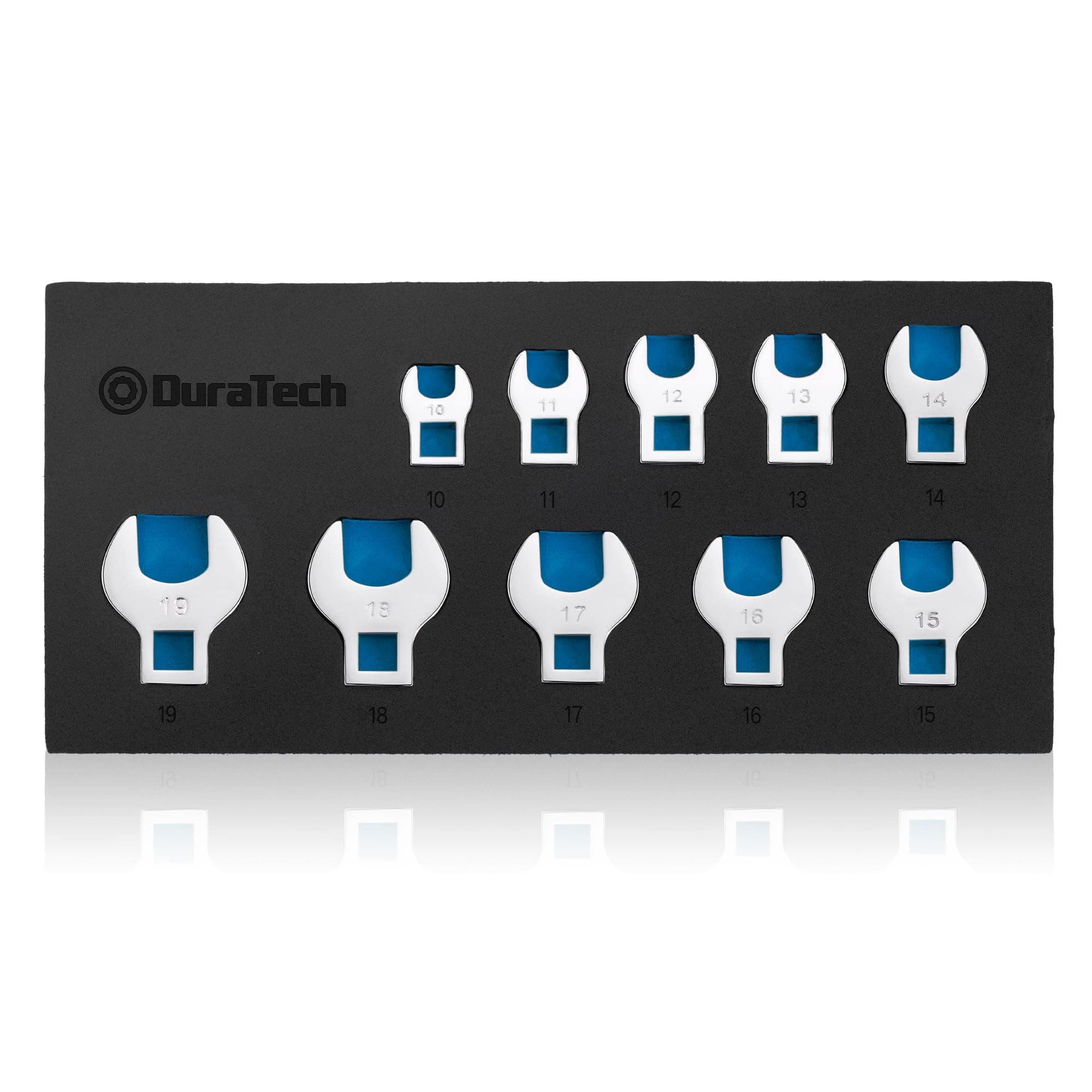 DURATECH 10-Piece 3/8" Drive Crowfoot Spanner Set 10–19 mm, Metric Open End Crowfoot Wrench Set, Chrome Vanadium Steel, with EVA Foam Organizer for Ratchet, Torque Wrench & Extensions