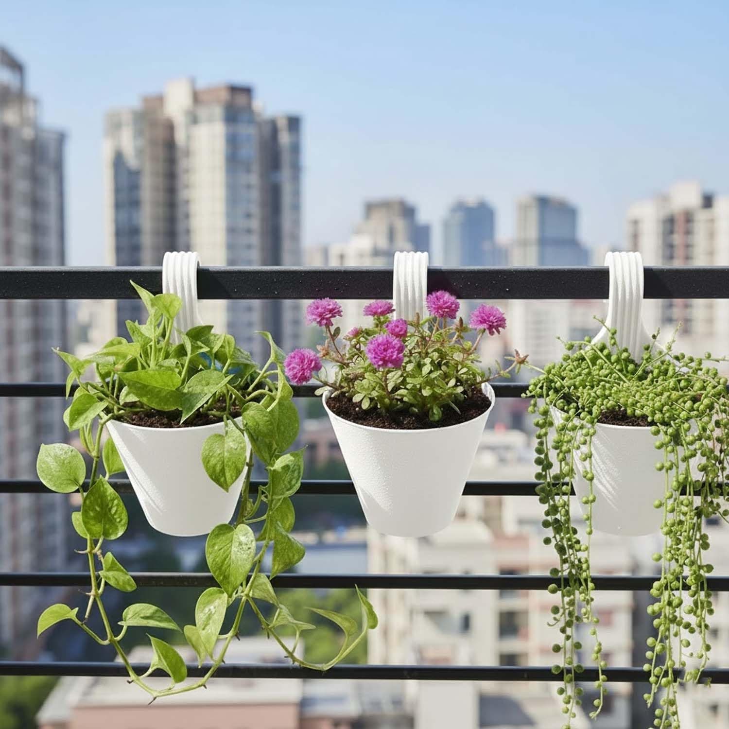 - Go Hooked Plastic Hanging Planter for Plants, Railing Flower Pots, Pot Diameter (22 cm), Pot Height (17 cm) (Set of 3)(White)