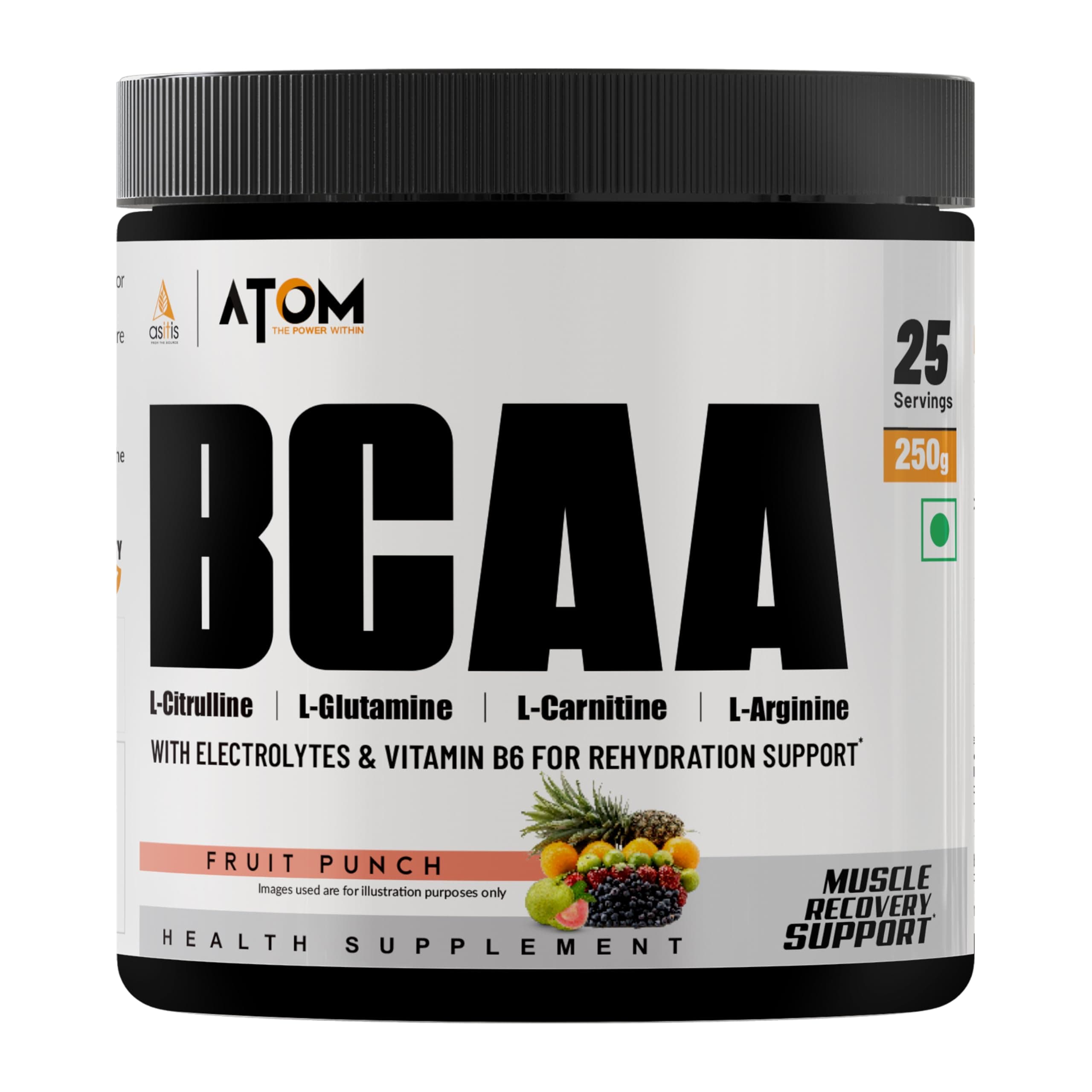 AS-IT-IS ATOM BCAA 250g with L-arginine, L-Carnitine, L-Citrulline for Energy burst & Athletic Performance | Fruit Punch Flavor