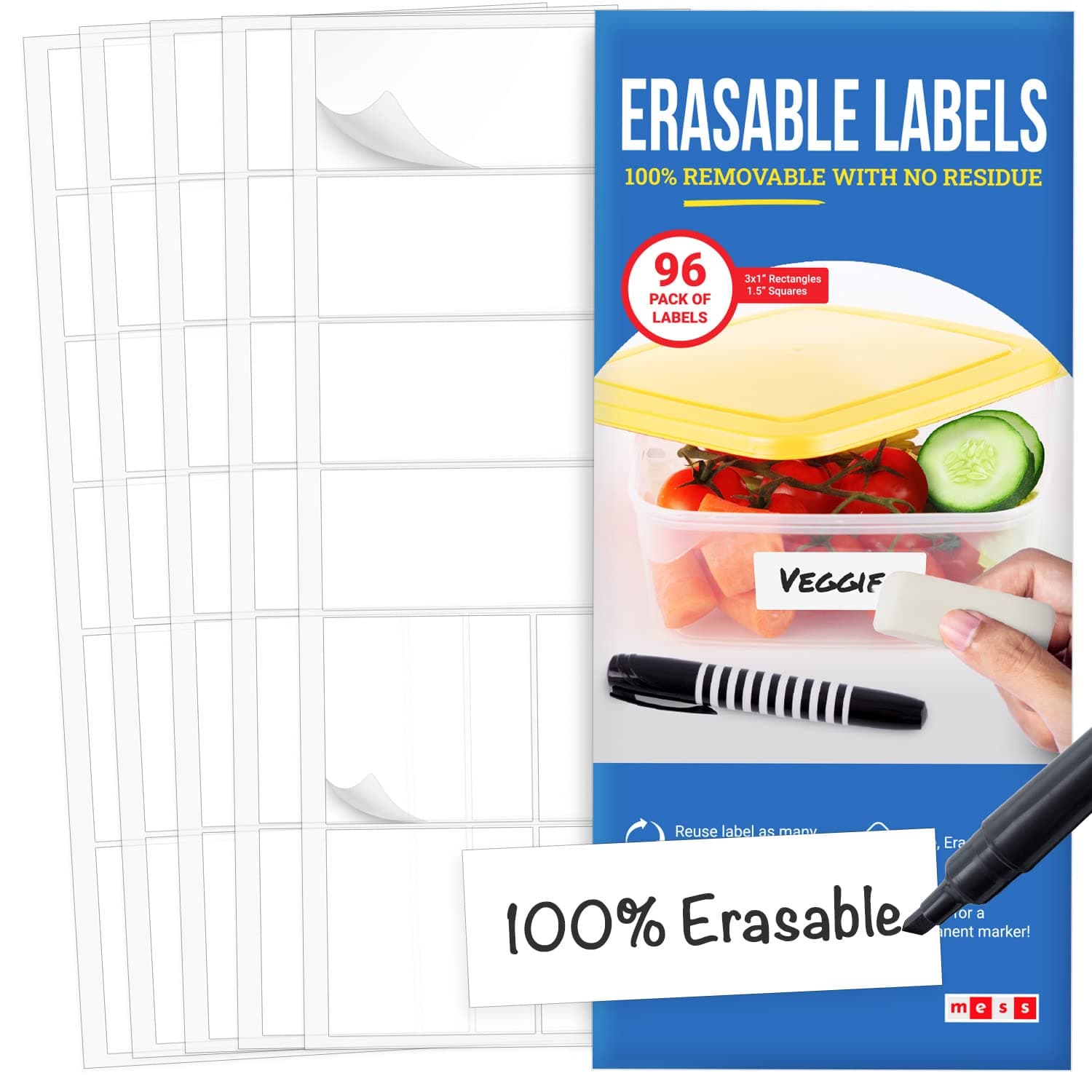MESS Erasable Kitchen Labels, 96-Pack (1x3 & 1.5") – White Dry Erase Stickers for Pantry, Jars, Food Containers, Fridge & Freezer
