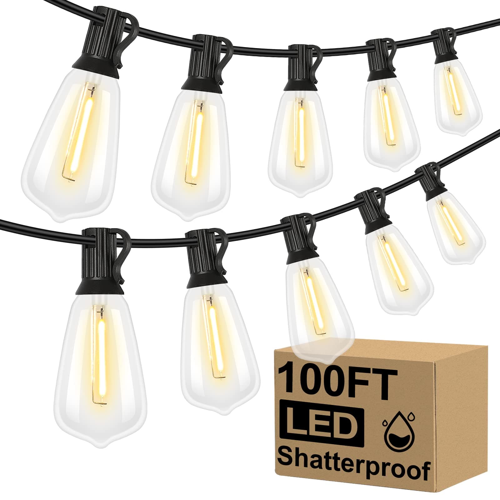 Brightever LED Outdoor String Lights 100FT Patio Lights with 52 Shatterproof ST38 Vintage Edison Bulbs, Outside Hanging Light Waterproof for Porch, Deck, Garden, Backyard, Balcony, 2700K Dimmable