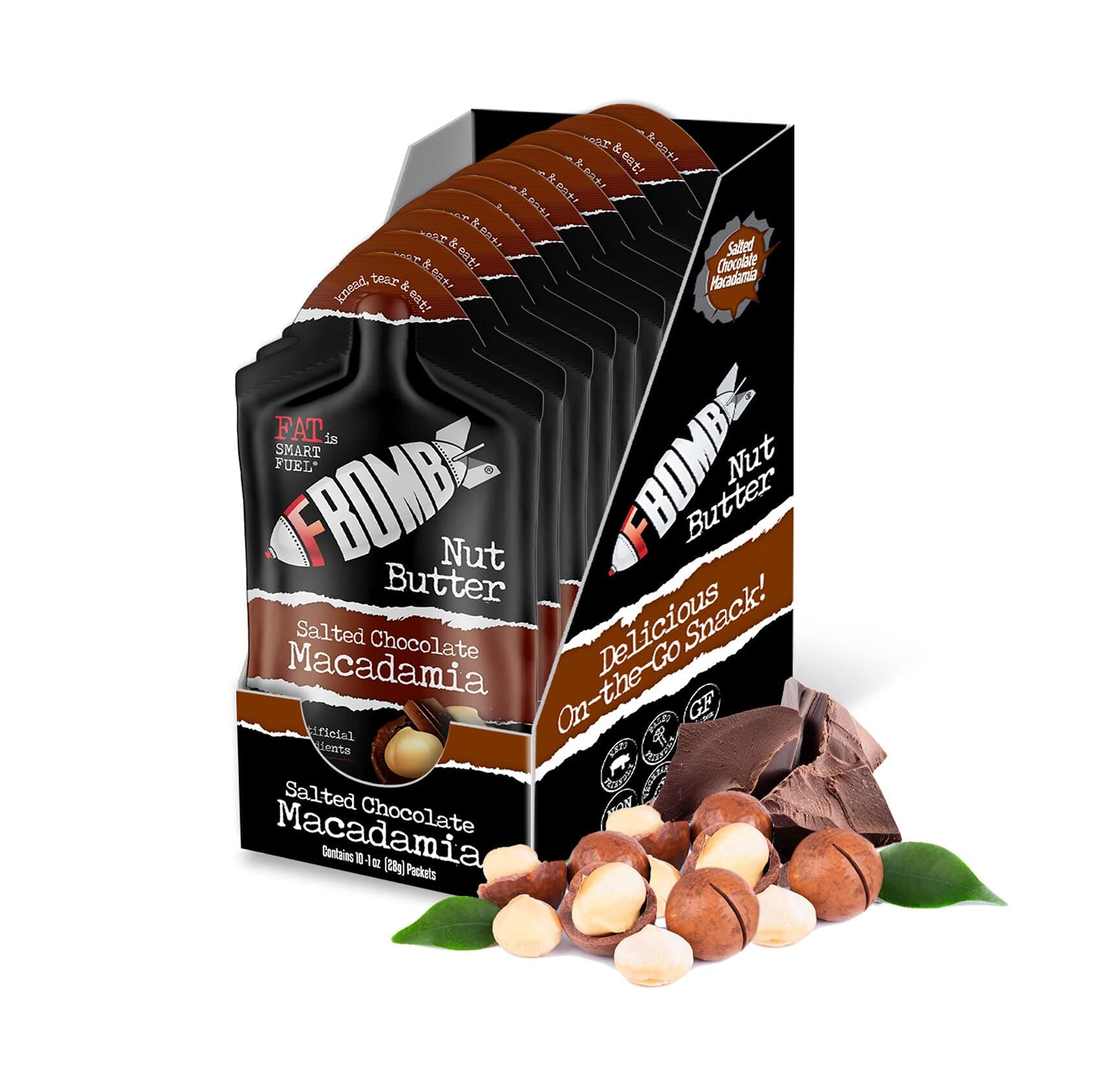 FBOMB Macadamia Nut Butter Packets - Keto Fat Bombs - Low Carb, Paleo, Keto Snacks. No added Sugar. Gluten Free - Macadamia + Chocolate. 10 Single Serve Packets