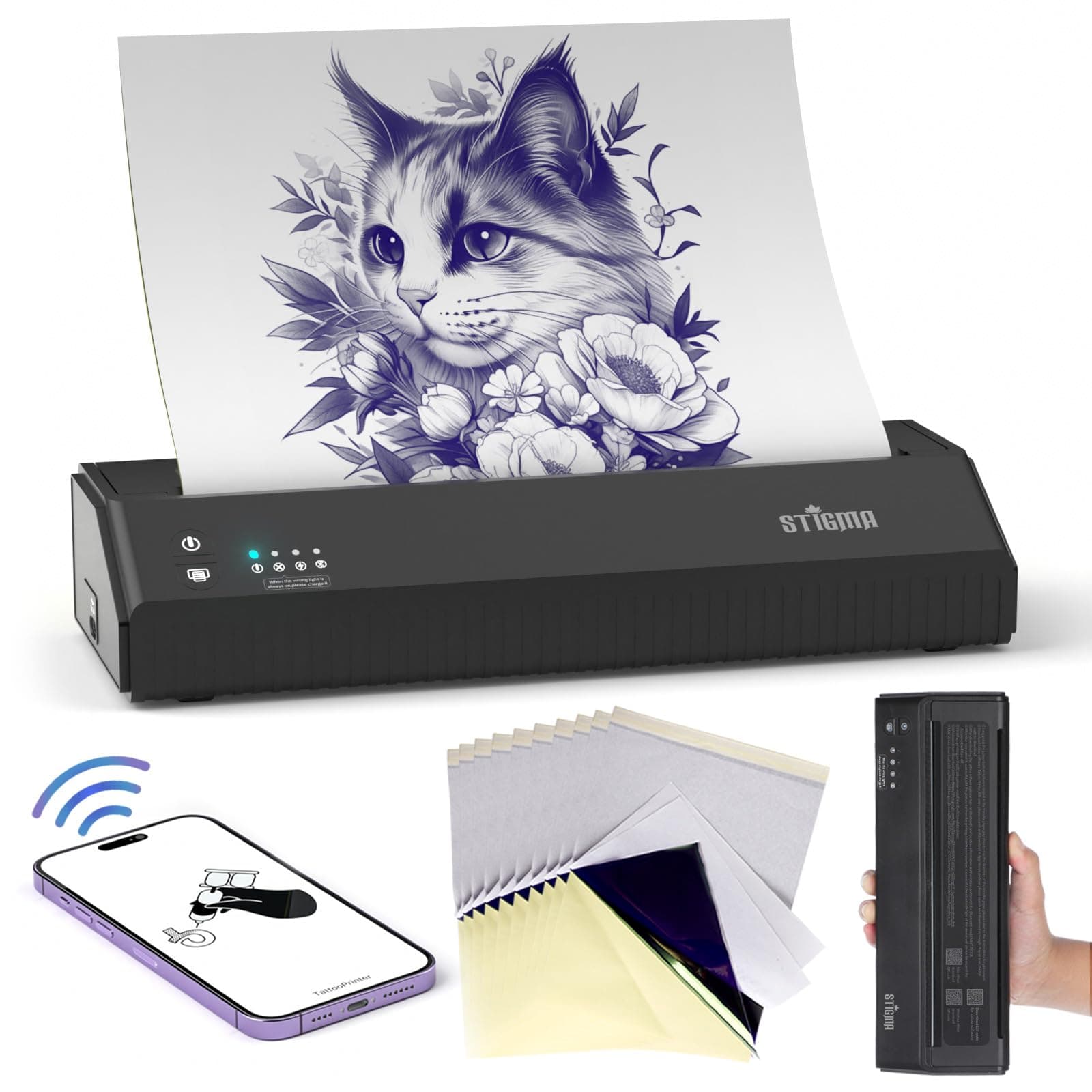STIGMA P8008 Bluetooth Tattoo Stencil Printer with 10Pcs Transfer Paper Wireless Thermal Tattoo Copier Machine Mini Tattoo Printer 2500mAh for Tattooing Compatible with iOS,Android & PC MHT-P8008-US