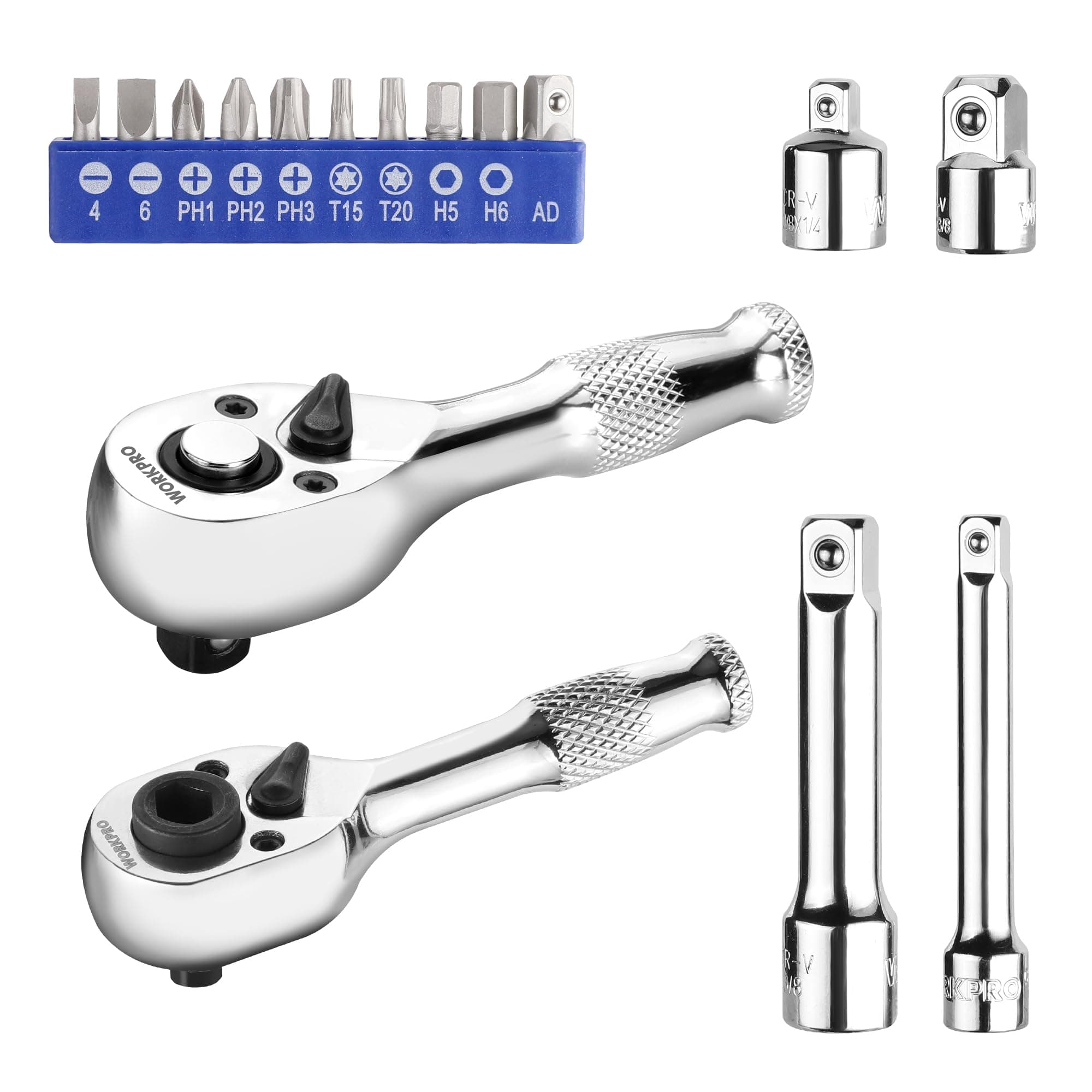 - WORKPRO Stubby Ratchet & Bit Driver Set 16 PCS, 1/4", 3/8" Drive Ratchet Handle Wrench, 72-T Quick-Release Reversible Socket Wrench, 2 Socket Adapters, 2 Extension Bars, 10 PCS 1/4" Hex Bits