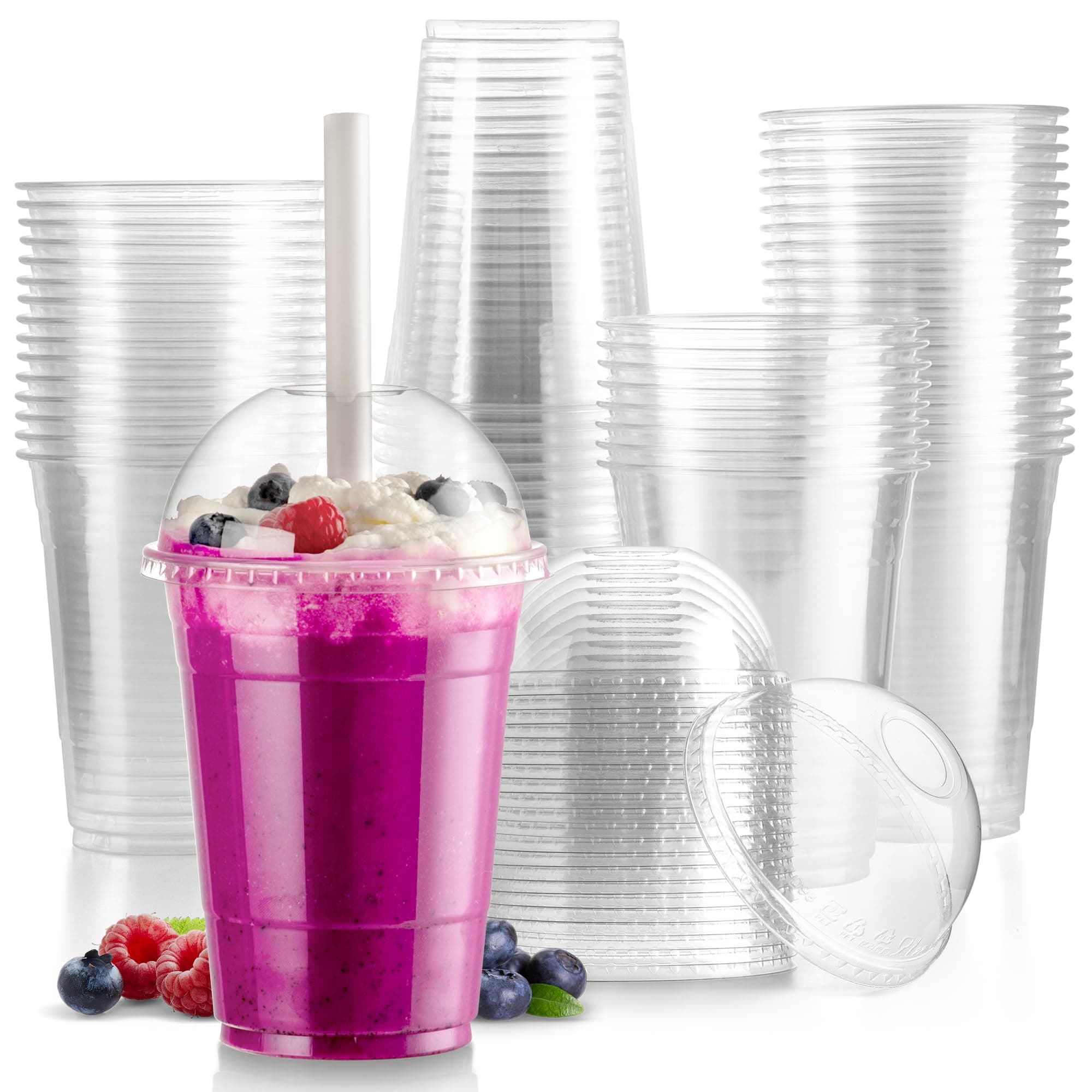 Fit Meal Prep 50 Pack 16 oz Clear Plastic Cups with Dome Lids, Disposable Iced Coffee Cups, BPA Free Crystal Boba Cup for Party, Smoothie, Juice, Frappuccino, Bubble Boba, Milkshake