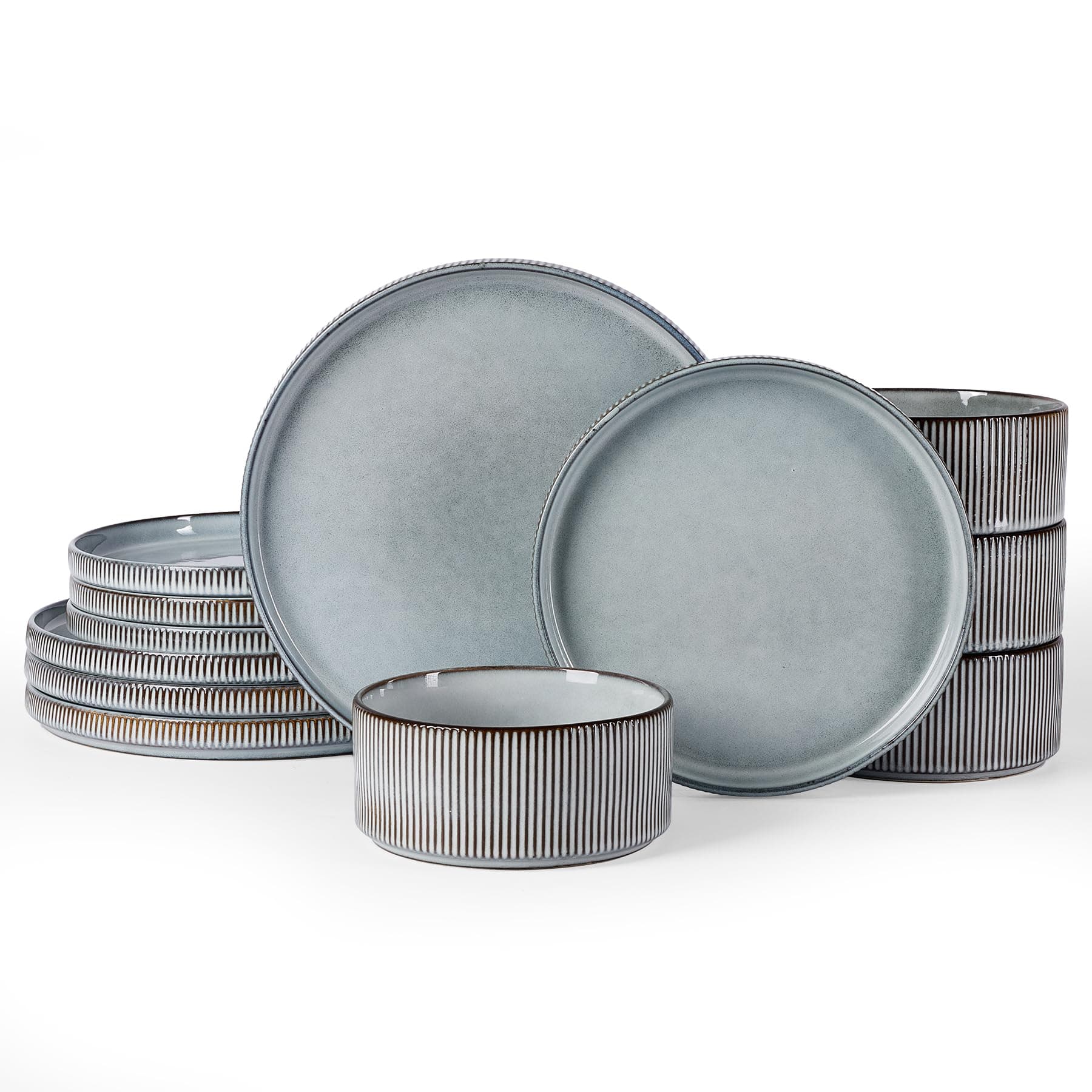 Star Dinnerware Sets, Plates and Bowls Set for 4, 12 Pieces Ribbed Dishes - Chip and Scratch Resistant, Microwave and Dishwasher Safe Tableware, Smoky Blue