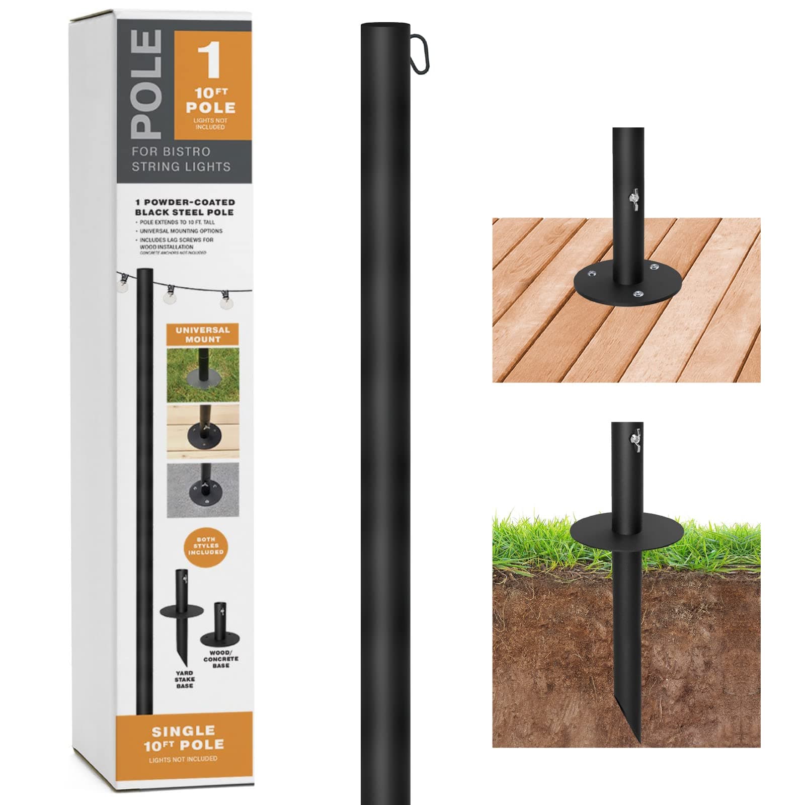 Bistro String Light Poles - 1 Pack - Extends to 10 Feet - Universal Mounting Options Included