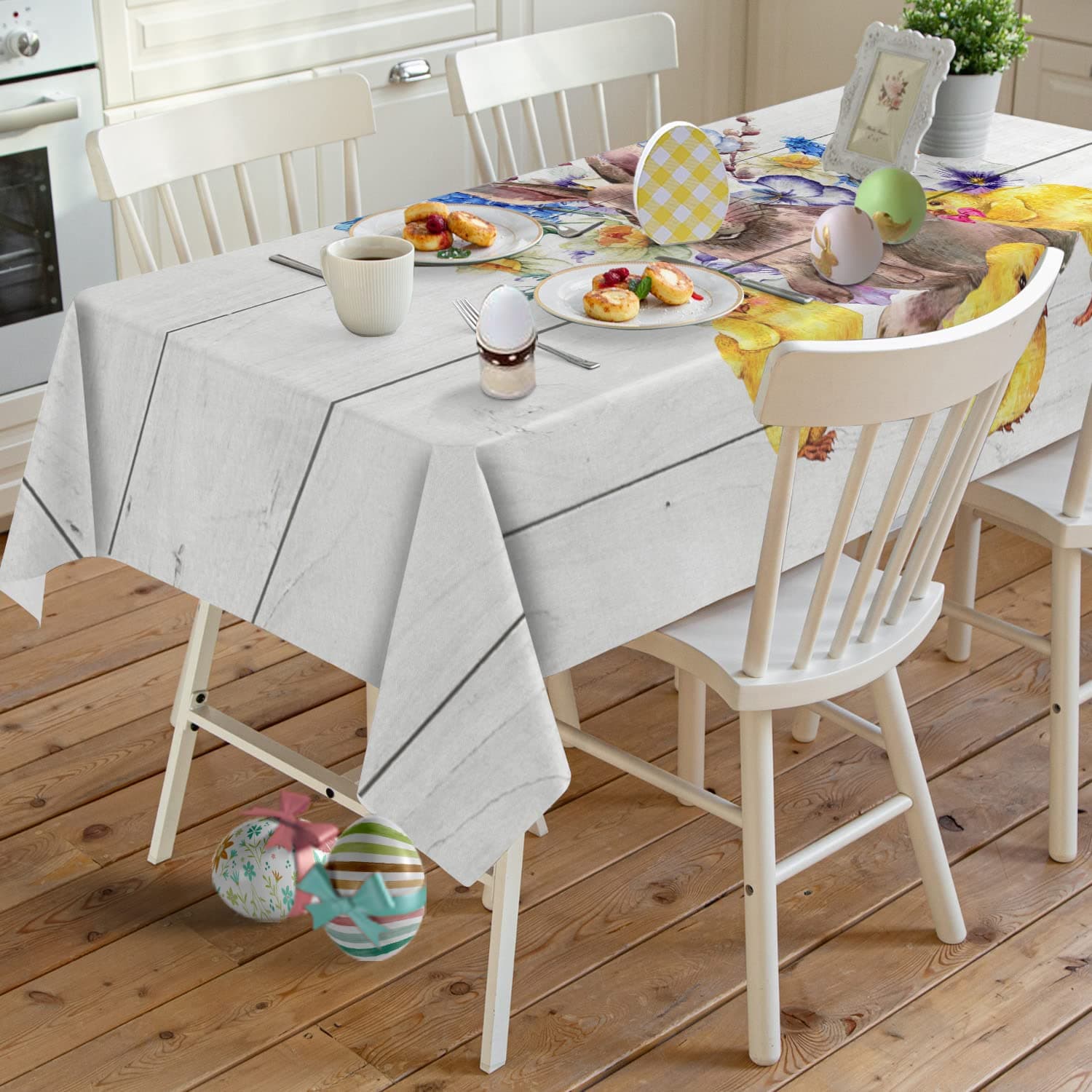 Yun Nist Bunny Easter Tablecloth,Spring Floral Tablecloths for Kitchen, Farm Vintage Wood Board Cotton Linen Table Cover Tabletop Cloth for Dining Room BBQ Party 60×84in