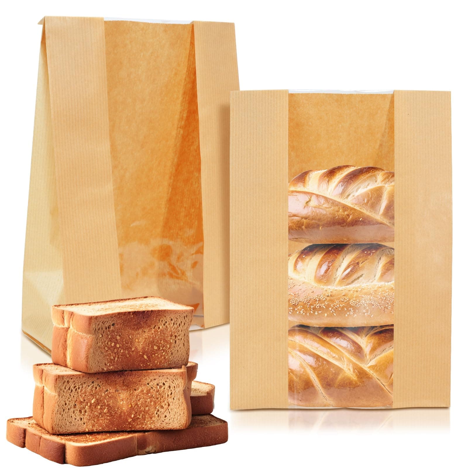 30 Pack Kraft Paper Bread Loaf Bag with Clear Front Window,Brown Bakery Cookie Food Coffee Storage Packaging Treat Bag (14" x 8.3" x 3.5")