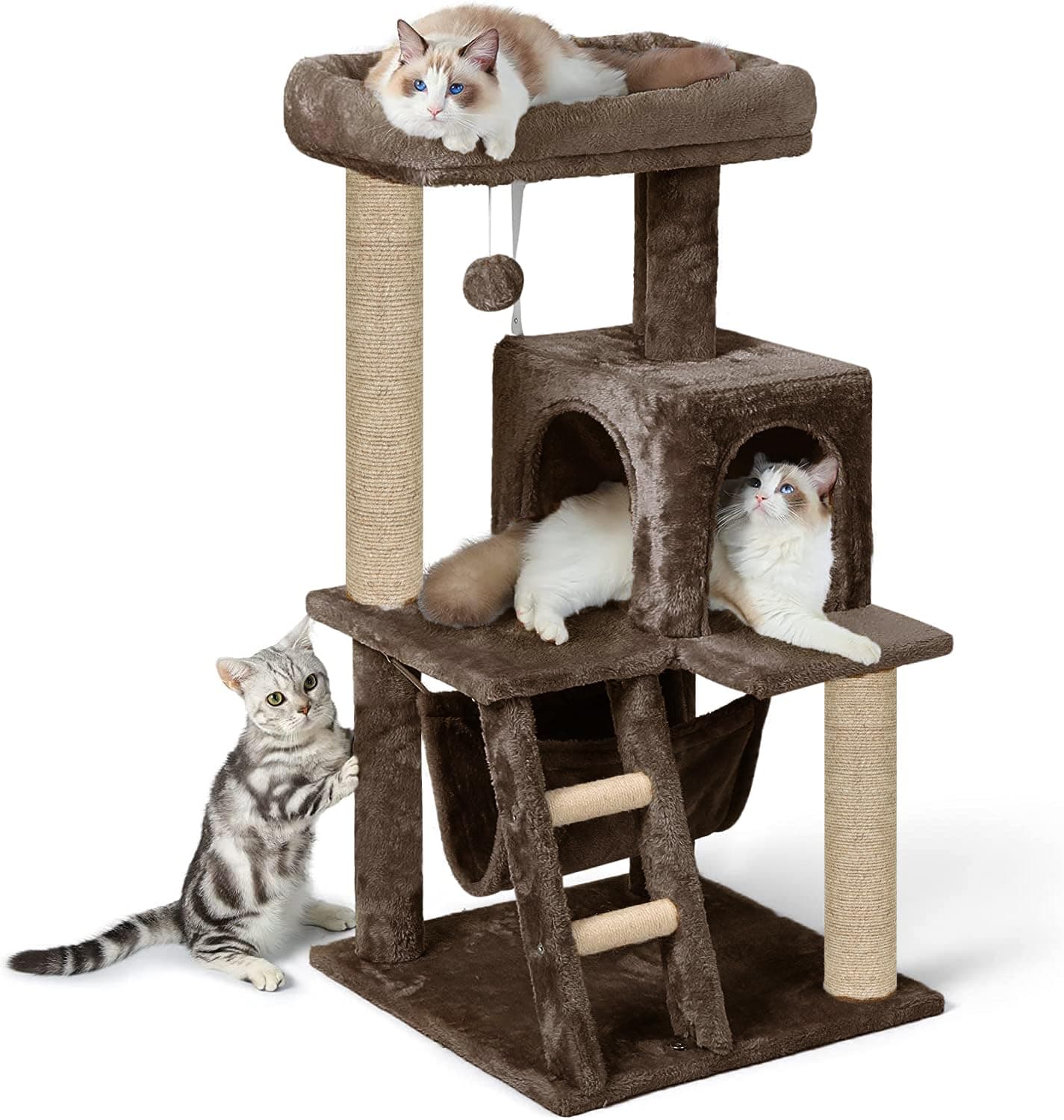 Plush Fabric Playing Kitten Cat Tree - Top Bed | Hammock | Condo | Furry Ball | Climbing Ladder | Jute Rope Scratching Posts (Height 39 Inch) (Brown - FURR-85)