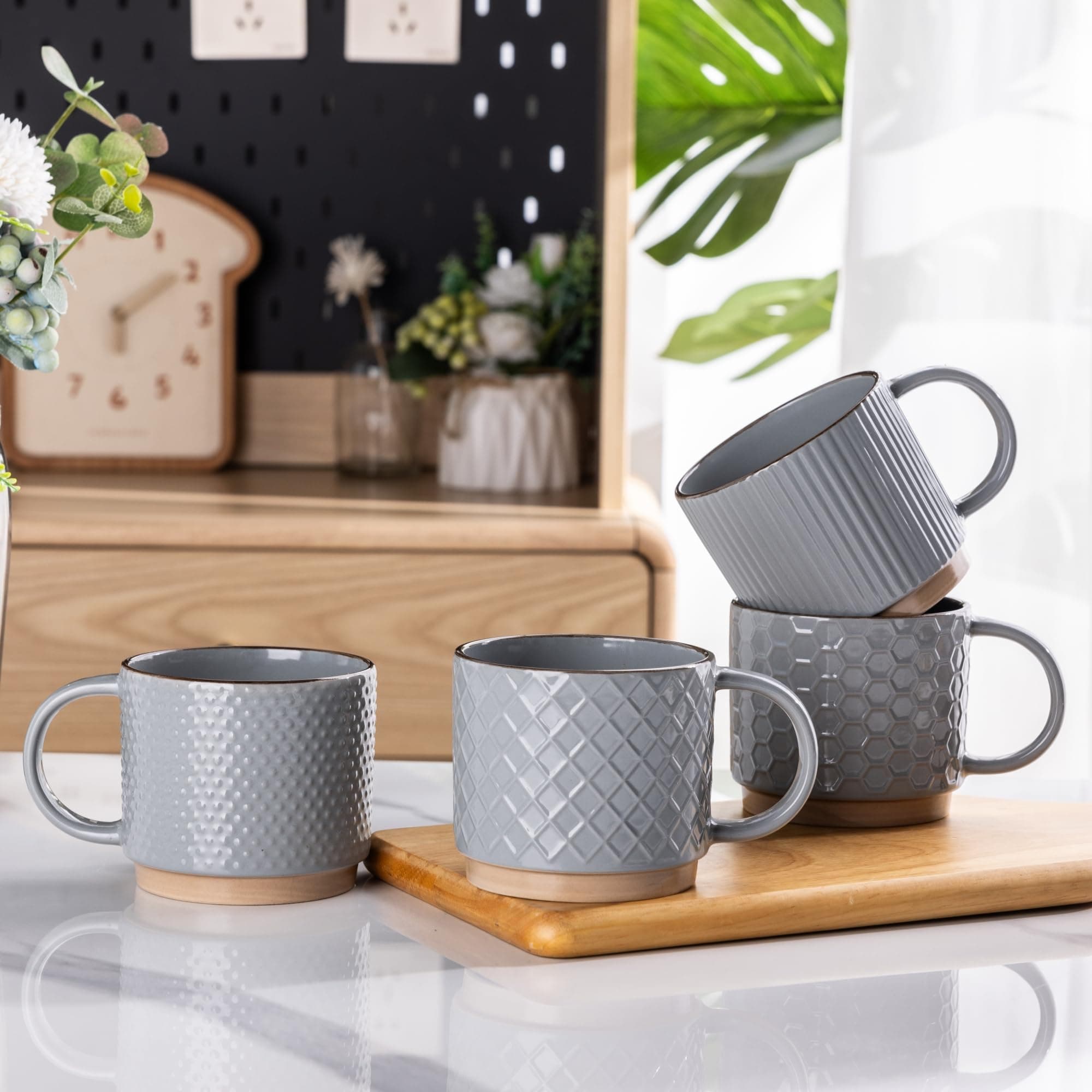 15OZ Stackable Coffee Mugs, Ceramic Coffee Mugs with Texture Patterns for Man,Woman,Dad,Mom, Modern Coffee Cups Set of 4 for Latte/Cappuccino/Cocoa. Dishwasher&Microwave Safe, Gray