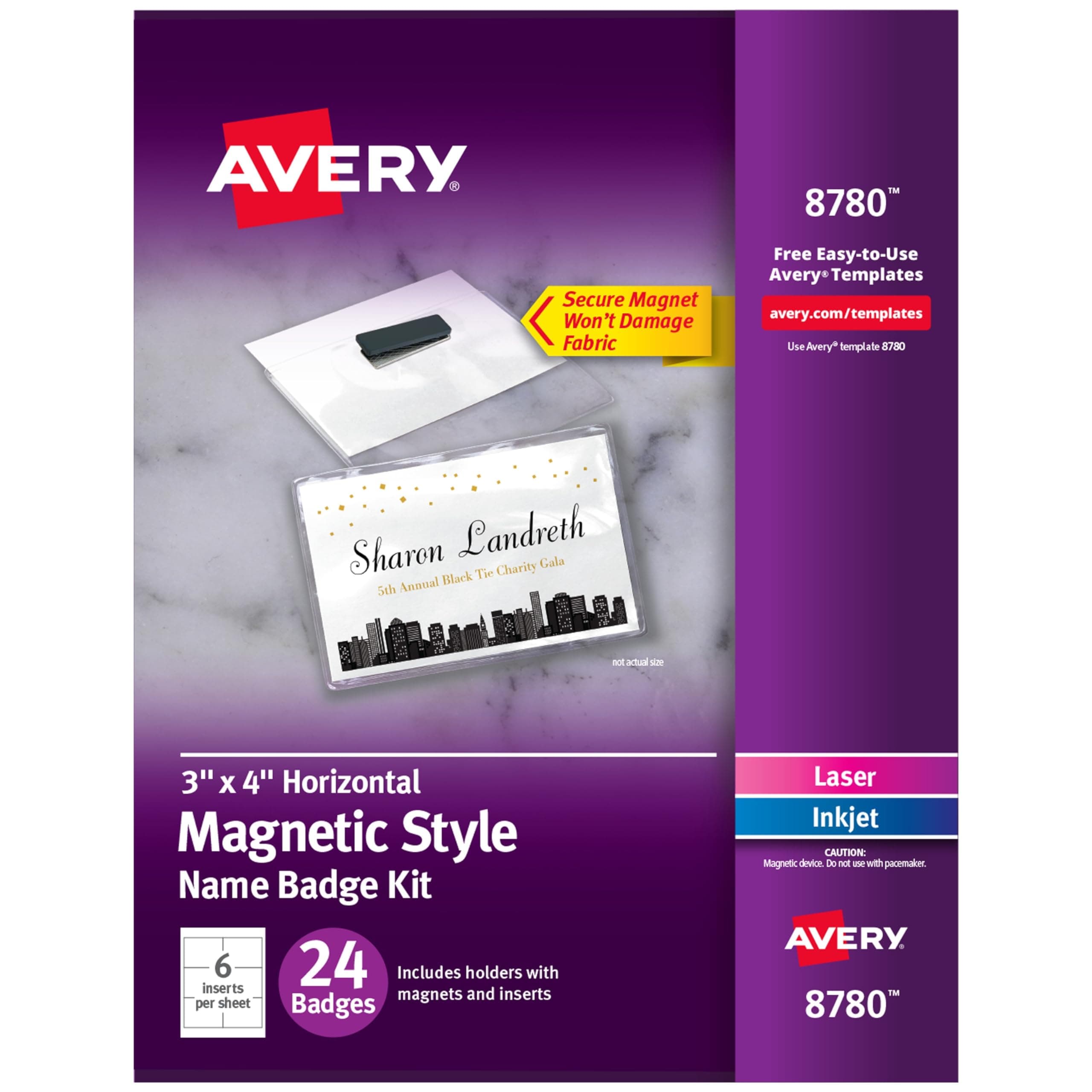 Avery Customizable Name Badges, Magnet Style, 3" x 4", Clear Name Tag Holders, White Laser/Inkjet Printable Inserts, 24 Total (8780)