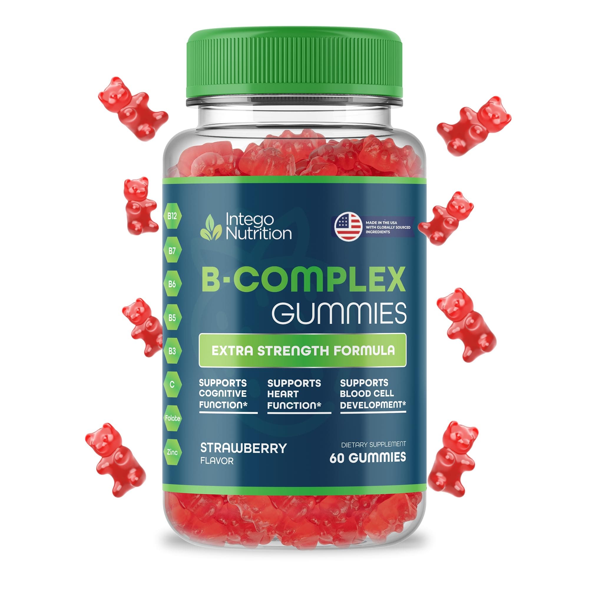 Vitamin B Complex Gummies for Adults, B Complex Vitamin Supplement for Women and Men, B Vitamins Complex Gummies for Energy and Brain Health, Natural Strawberry Flavor, 60 Count