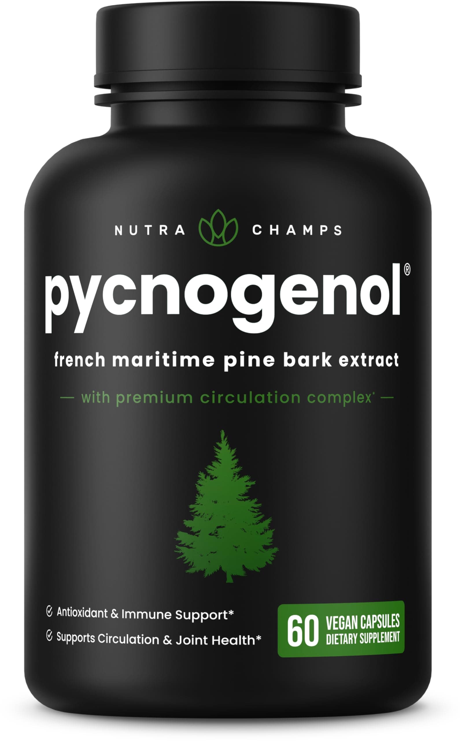 NutraChamps Pycnogenol French Maritime Pine Bark Extract, Premium Circulation Complex, Blood Flow, Nitric Oxide Production, Superior Absorption, Results with Black Pepper Extract, 60 Capsules