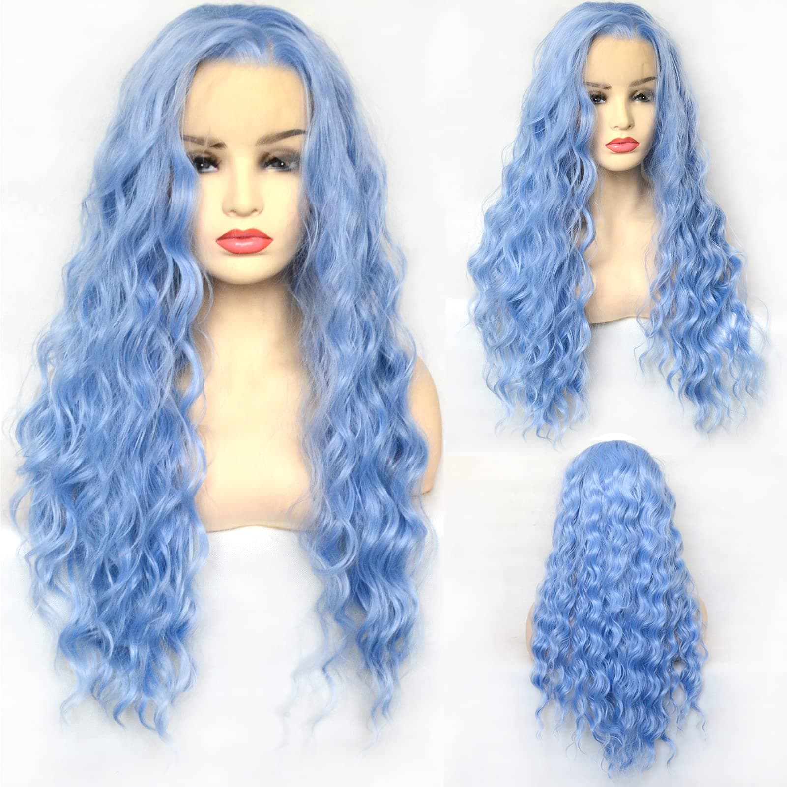 BLUPLE Ice Blue Lace Front Wigs Pre Plucked Long Curly Wavy Half Hand Tied Light Blue Synthetic Hair Replacement Wigs for Women Party Show (22 Inch, Curly,Ice Blue)