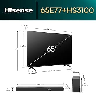 Hisense TV & Soundbar Bundle: 65E77NQTUK TV with Quantum Dot Colour, Dolby Vision Plus the HS3100 Soundbar with 480W Power, Direct Surging Sound, The Perfect Match for the ultimate Audio-Visual Experience