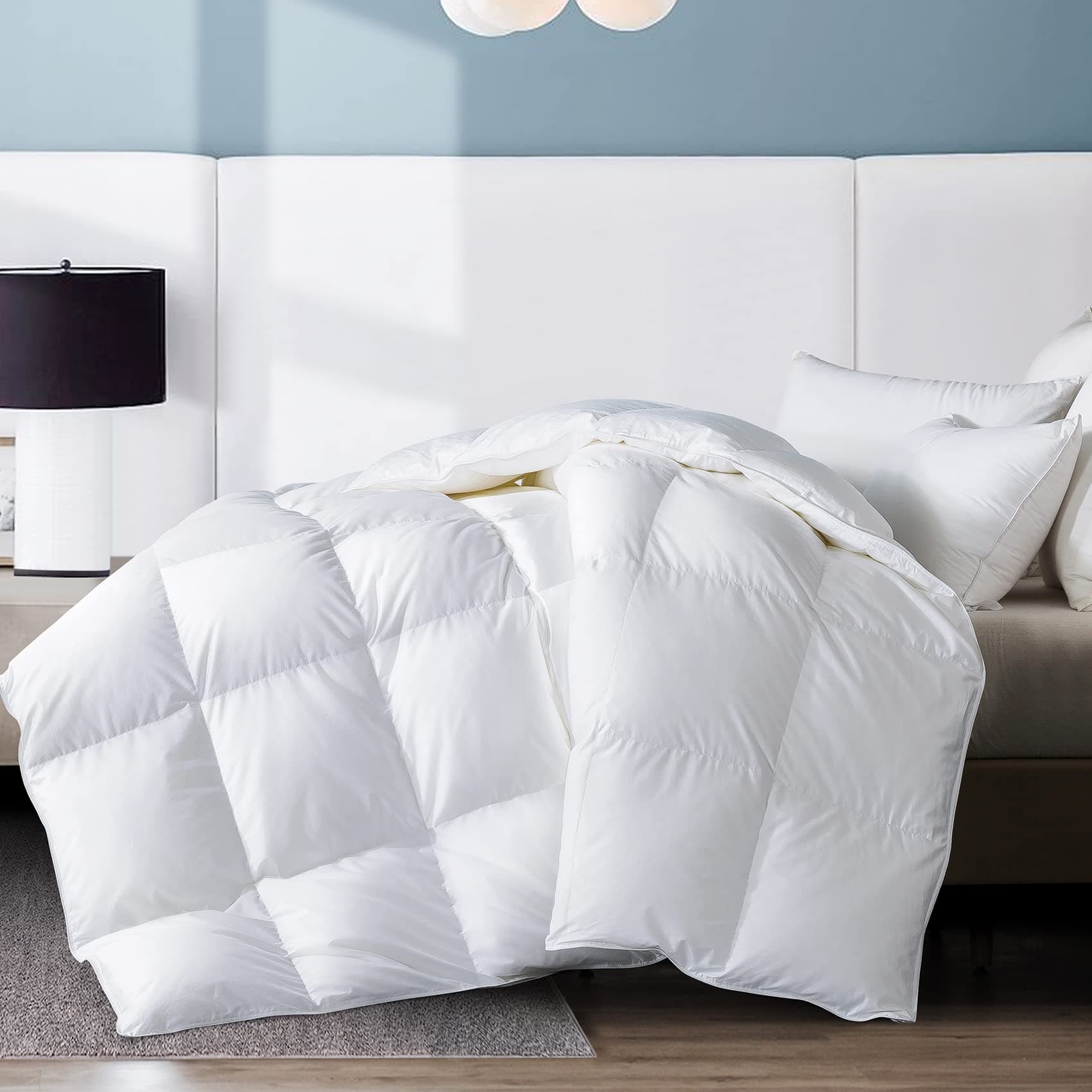 WhatsBedding White Goose Duck Down Comforter 100% Cotton Feather Comforter - Lightweight Duvet Insert - Queen 88x88