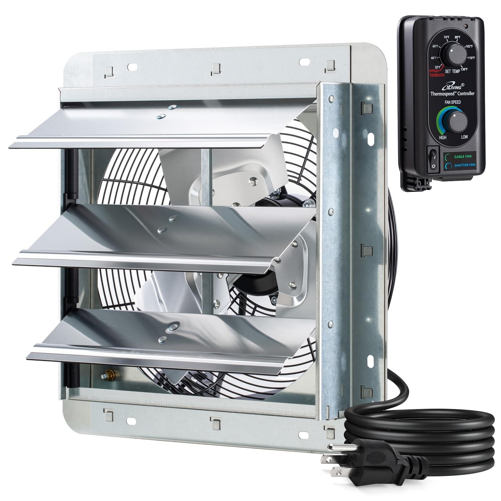 12" Wall Mounted Shutter Exhaust Fan, Automatic Shutter, with Thermostat and Variable Speed controller, 0.6A, 960 CFM, 1400 SQF Coverage Area Silver (ILG8SF12V-ST)