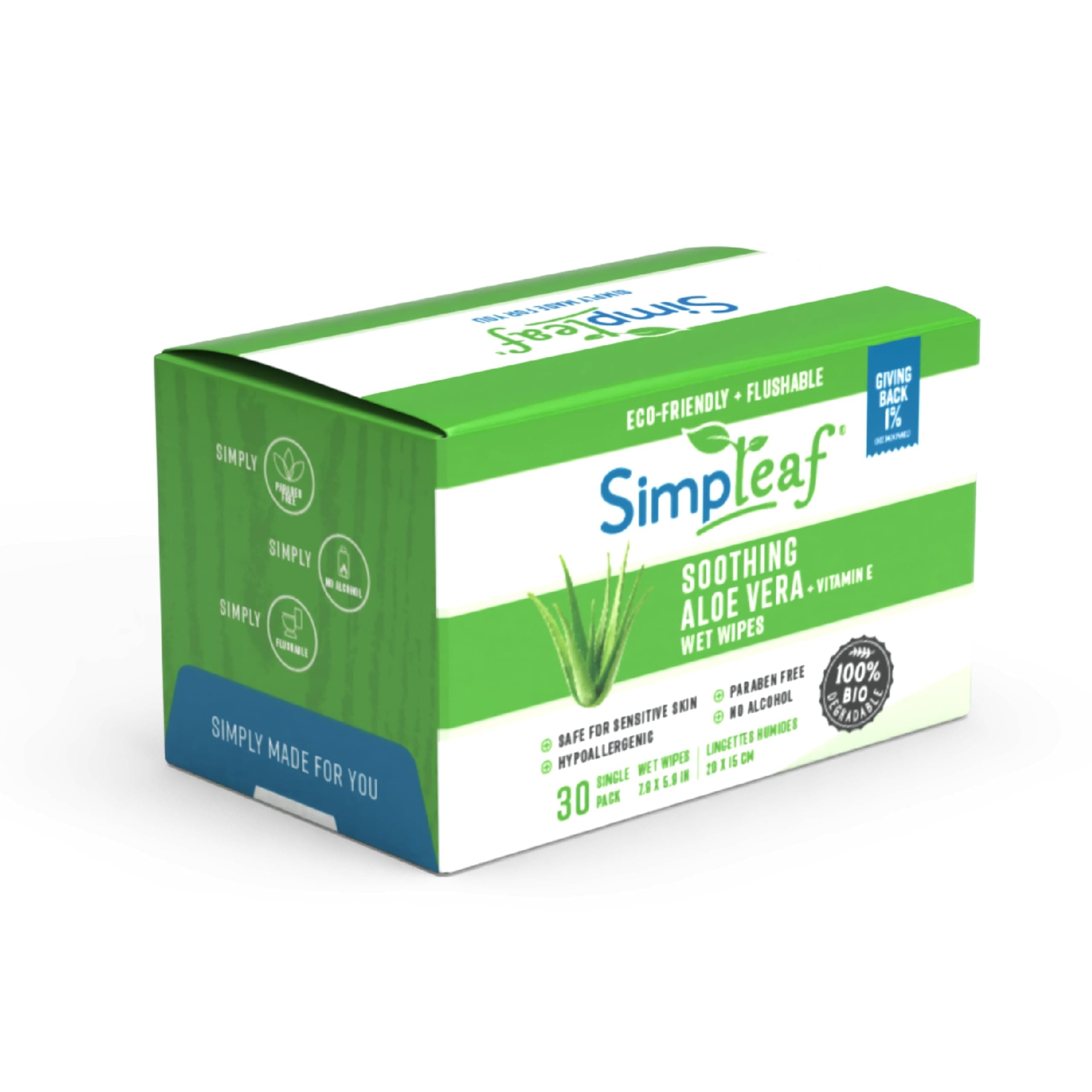 Simpleaf Flushable Aloe Vera Single Pack Wet Wipes|Eco-Friendly Paraben & Alcohol Free | Hypoallergenic & Safe for Sensitive Skin | Soothing Aloe Vera Formula | (30 Single Pack Wipes)