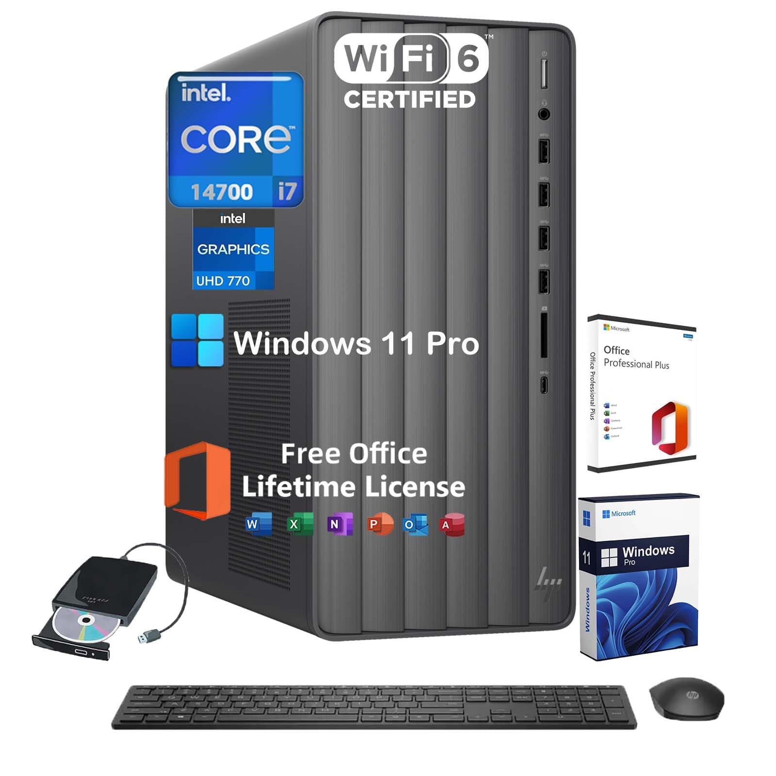 HP Envy Desktop PC Tower, Intel 20-Core i7-14700(Up to 5.4GHz), Office Lifetime, 64GB RAM, 4TB SSD, 2TB HDD, Windows 11 Pro, Intel UHD Graphics 770, External DVD Drive, Wi-Fi 6, W/Accessories