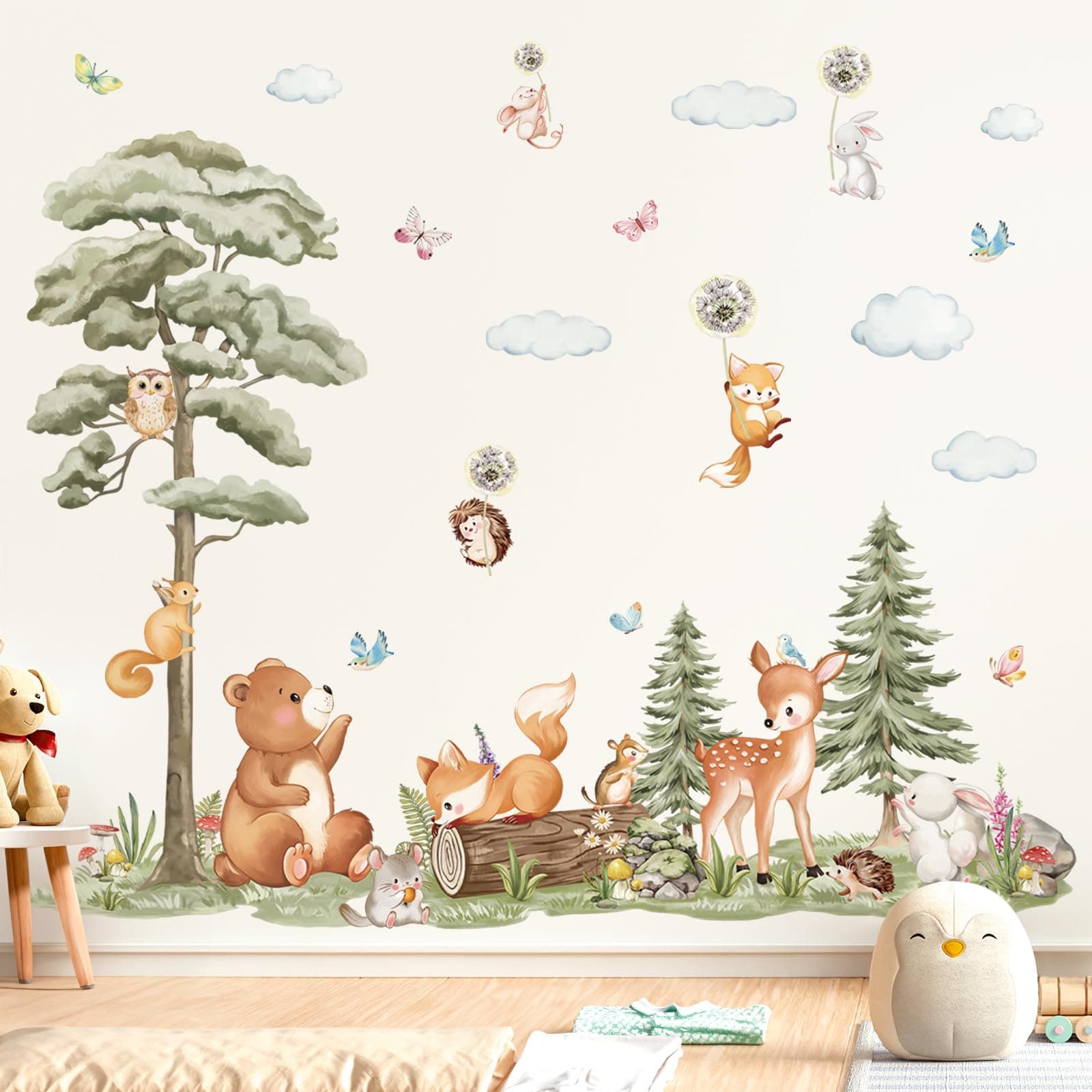 Large Forest Animals Tree Wall Decals Bear Deer Fox Woodland Wall Stickers Baby Nursery Kids Room Daycare Wall Decor