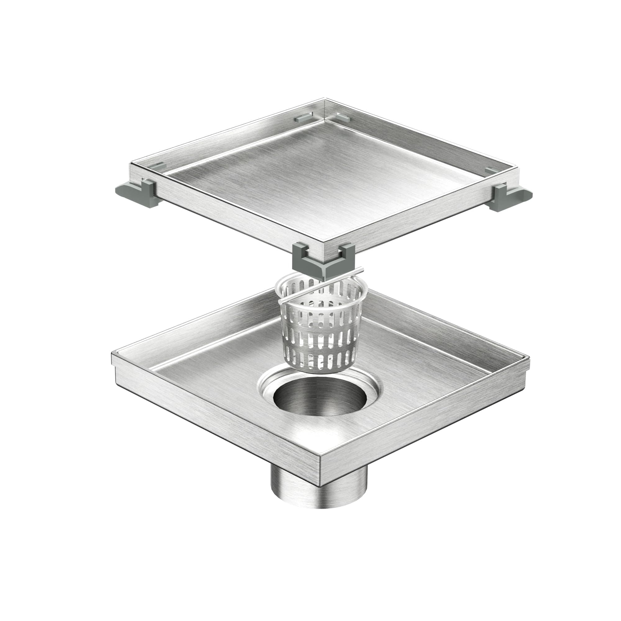 Square Shower Drain with Removable Tile insert Grate, 6-Inch, Brushed 304 Stainless Steel, With WATERMARK&CUPC Certified, Includes Hair Strainer