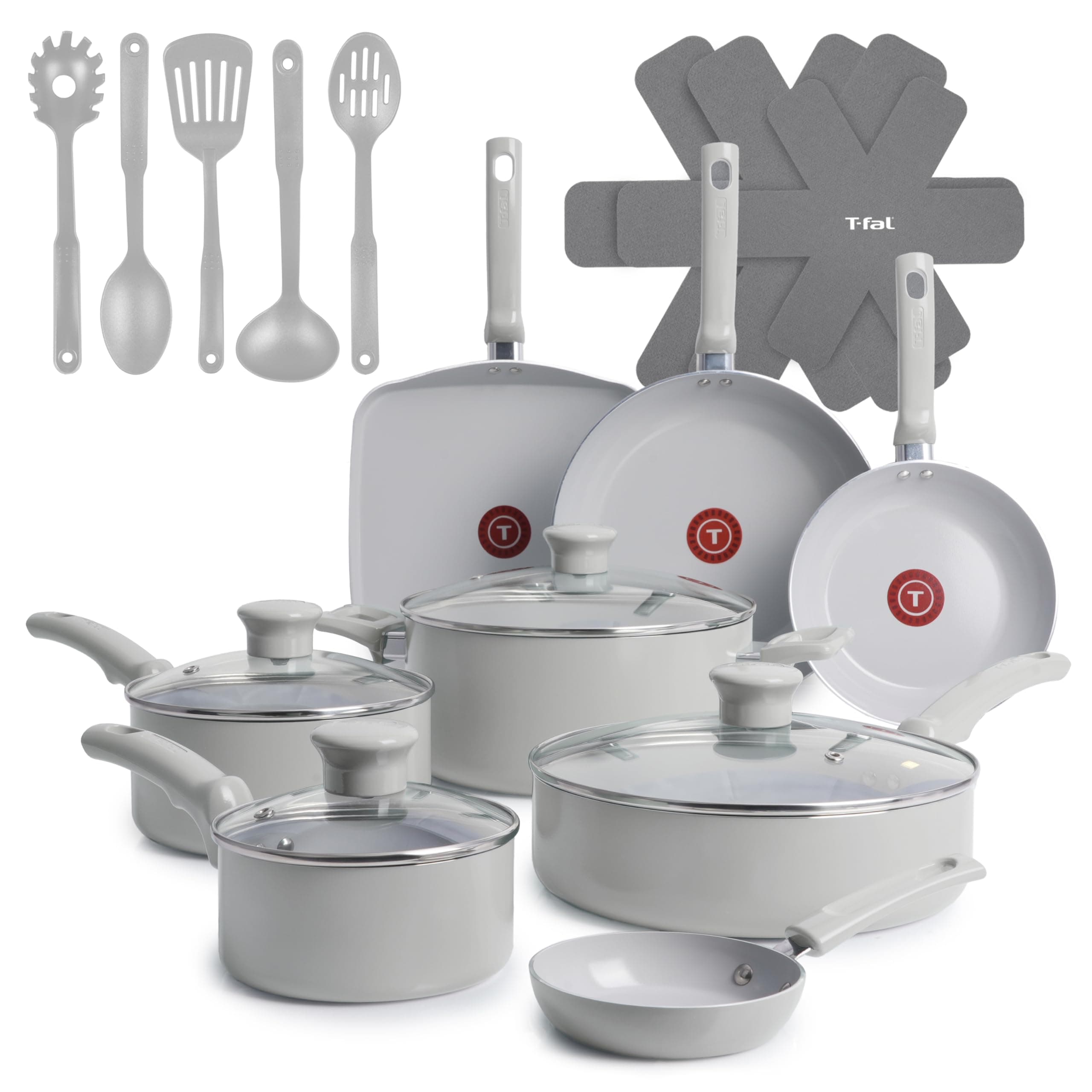 Refresh Ceramic Pots and Pans Set, 20-Piece Nonstick Cookware Set, Stockpot, Griddle, Frying Pans, Utensils, Moon Grey