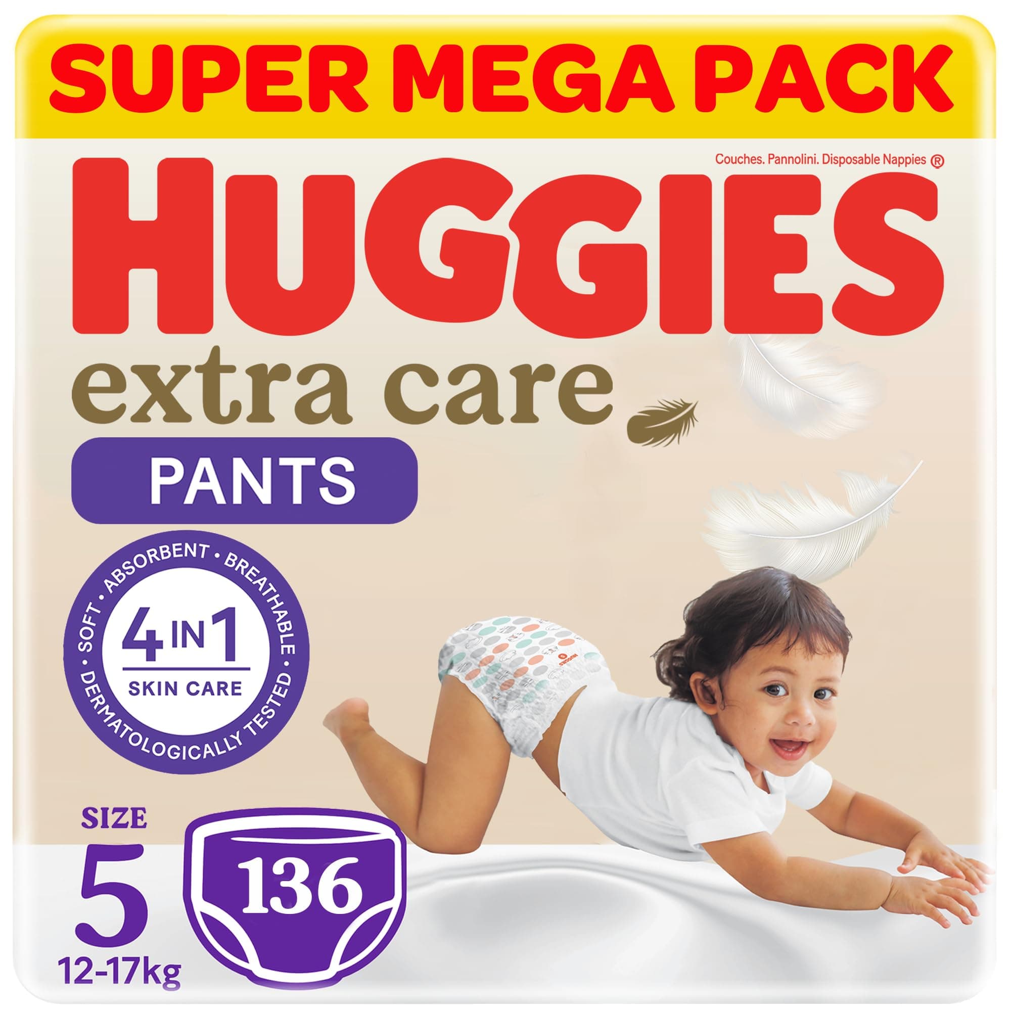 Huggies Extra Care Baby Culottes, Size 5 (12-17 kg), Super Mega Pack, 136 Diaper Pants
