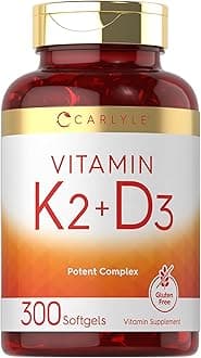 Carlyle Vitamin K2 and D3 Supplement | 300 Softgels | 200mcg K2 MK7 & 250mcg D3 | Non-GMO, Gluten Free