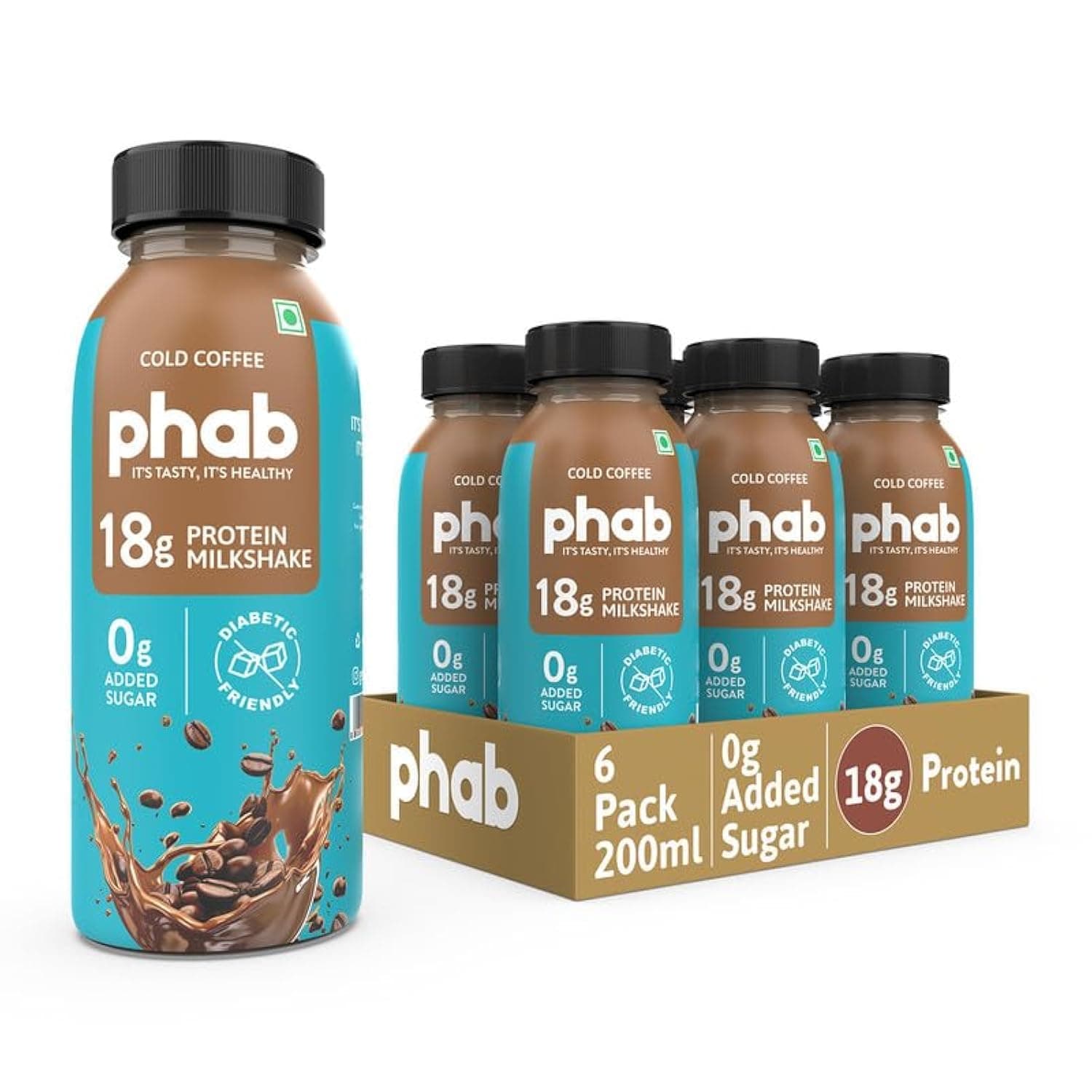 Phab Protein Milkshake | Pack of 6 x 200ml | Cold Coffee Flavor | 18g Protein | Vitamin B12, A, D | Rich Calcium Source | No Added Sugar | Healthy & Delicious