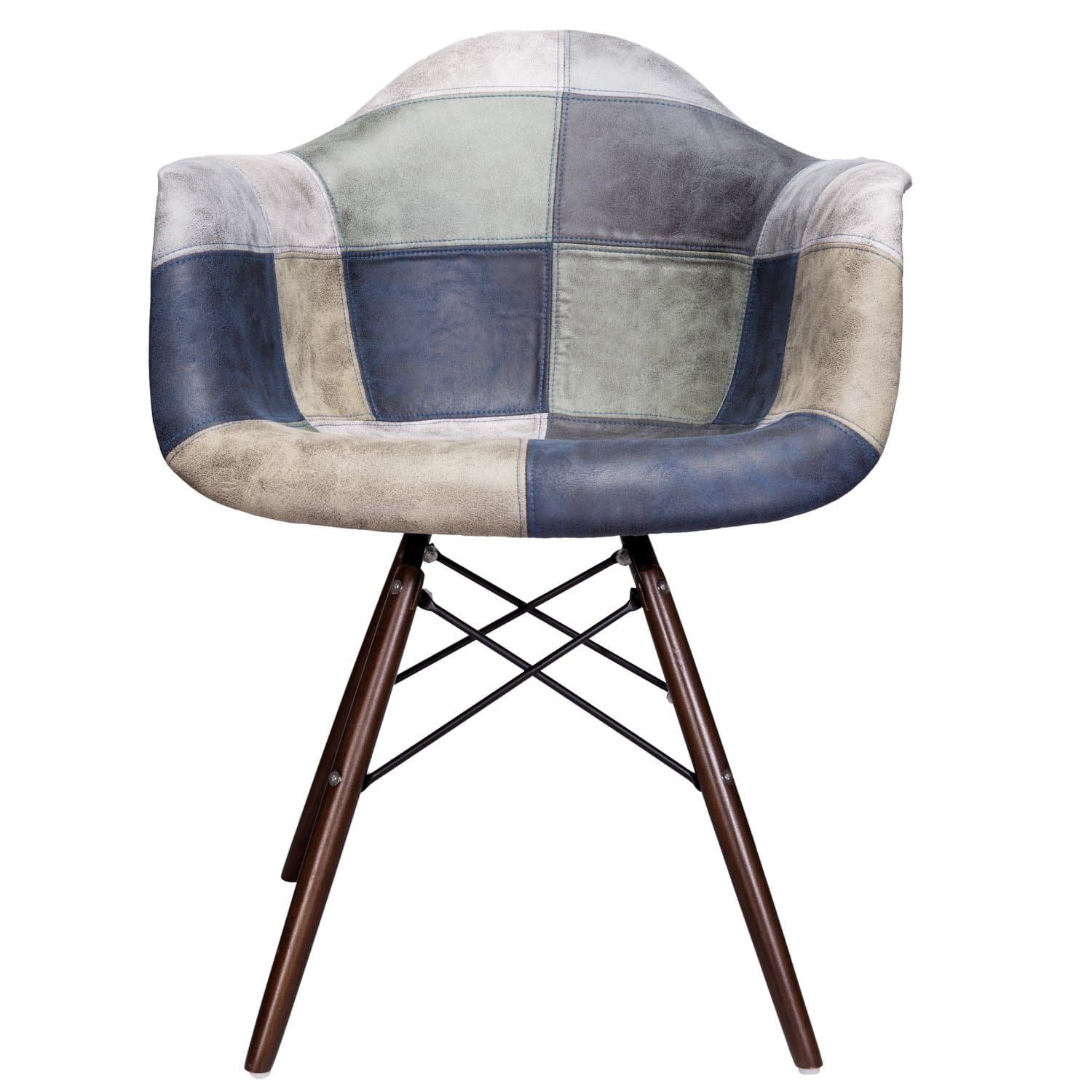 Mooku Blue & Gray Patchwork Leatherette Fabric Upholstered DAW Dining Accent Arm Chair with Dark Walnut Leg
