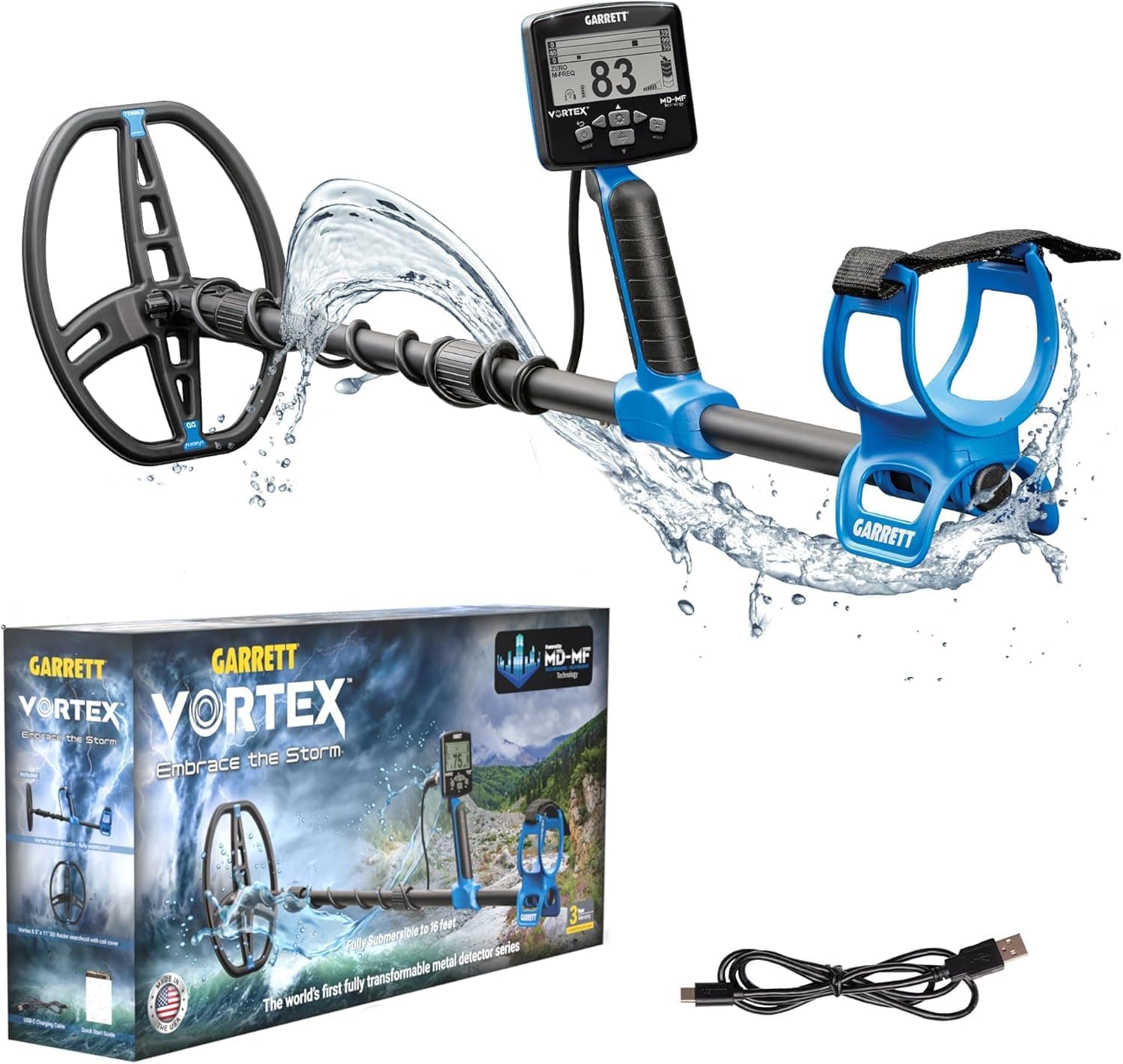 Garrett Vortex VX9 Metal Detector - MD-MF Tech - 5m Waterproof, 8.5" x 11" Search Coil, 7 Frequency Options, Three-Level Target ID Scale