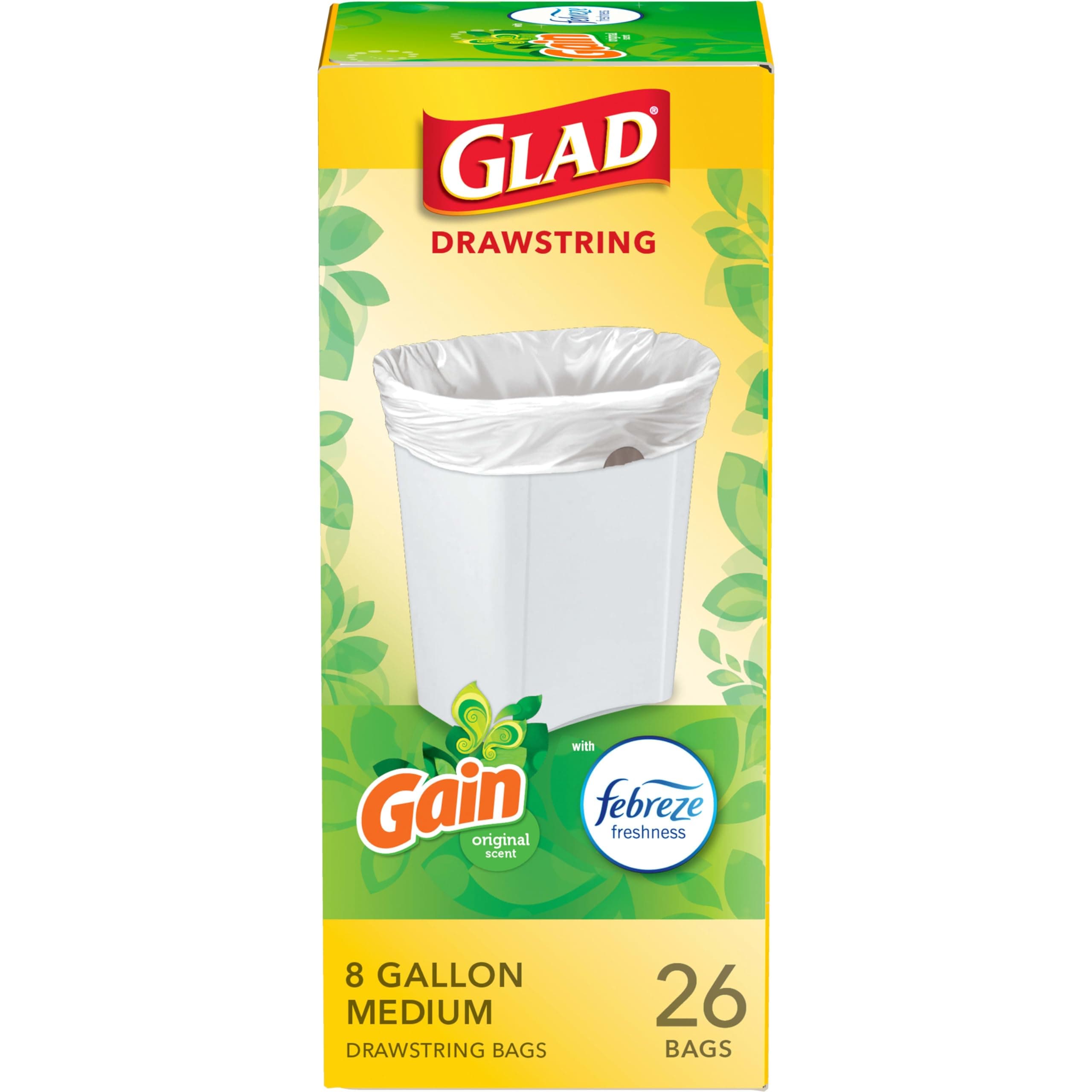 Glad Medium Drawstring Trash Bags, 8 Gal, Gain Original Scent with Febreze, 26 Ct, Pack May Vary