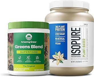 Bundle of Amazing Grass Greens Superfood Powder: Original, 30 Servings + Isopure Vanilla Vegan Protein Powder, Plant Based, Organic Pea Protein, Dairy Free, 20 Servings (Packaging May Vary)